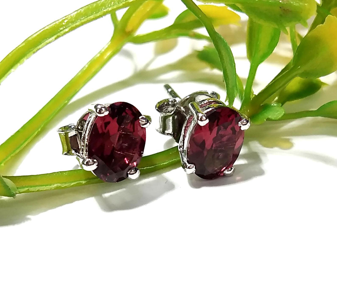 Natural Garnet Stud Earrings, 925 Starling Silver Earring Jewelry, Red Garnet Gemstone Oval Shape Stone Size 7x5 mm Christmas Gift For Her