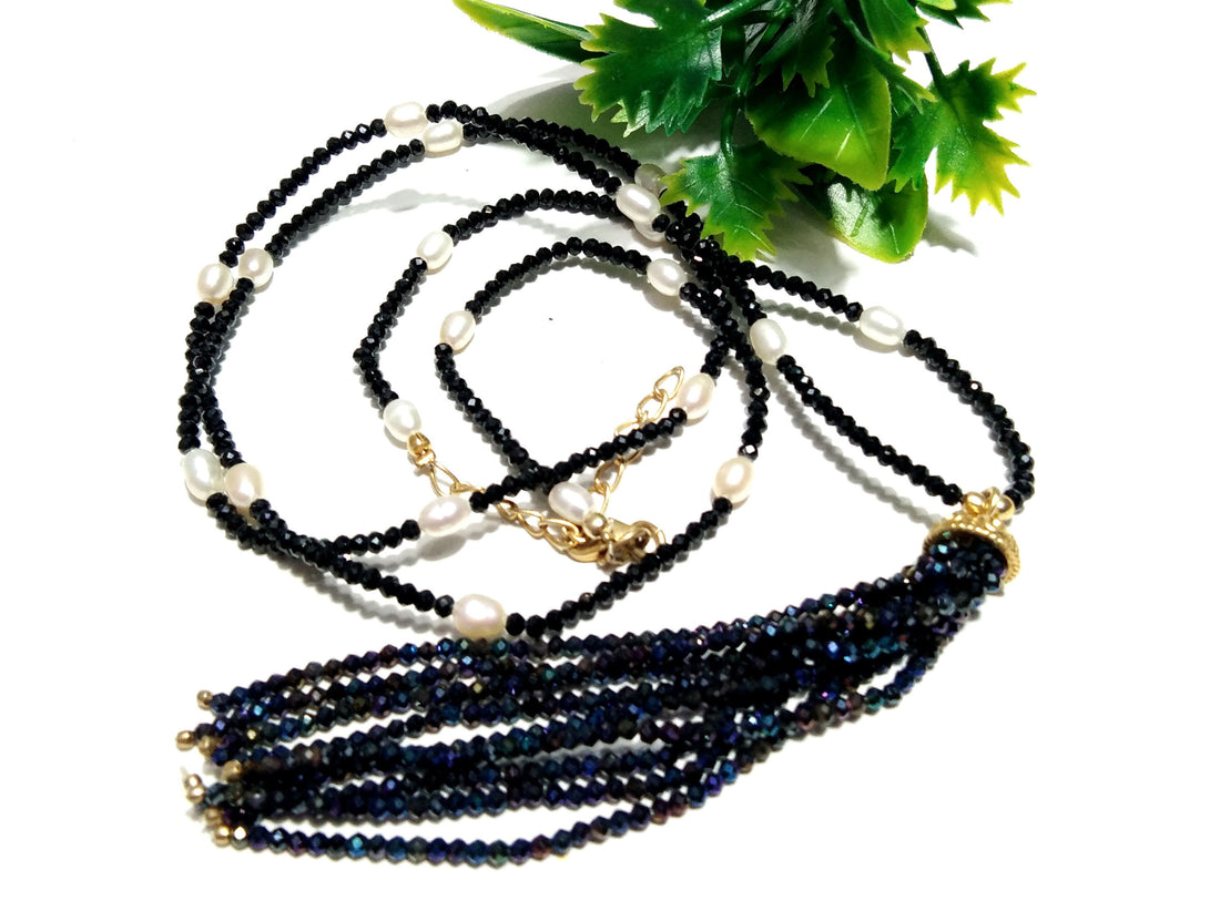 Natural Black Spinel And White Baroque Pearl Chain Necklace, 925 Starling Silver Gold Plated Chain Necklace 40''Inch Adjuster Chain Necklace
