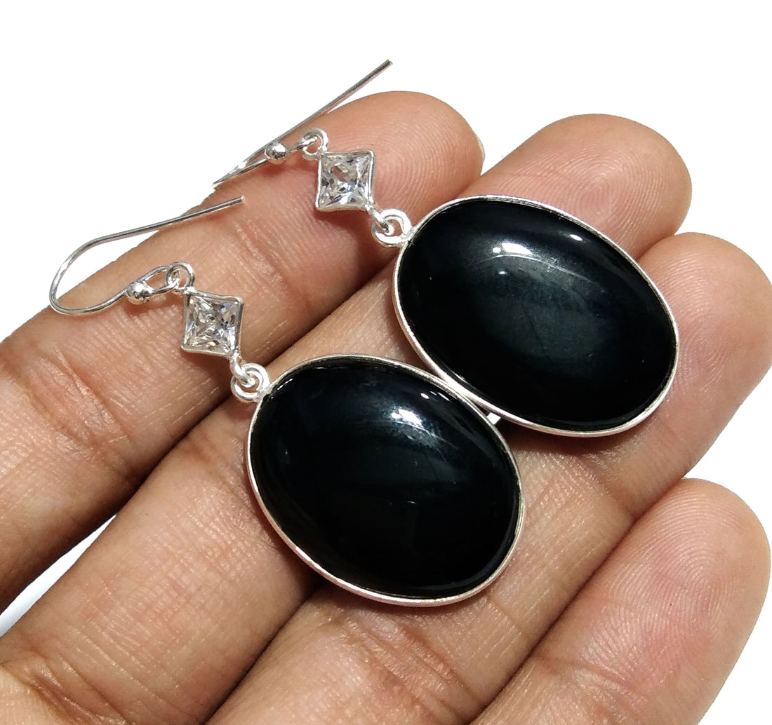 Black Onyx,Zircon Gemstone Earring, 925 Sterling Silver Earring Handmade Jewelry, Onyx Stone Size 26x18mm Earring Women Jewelry Gift For Her