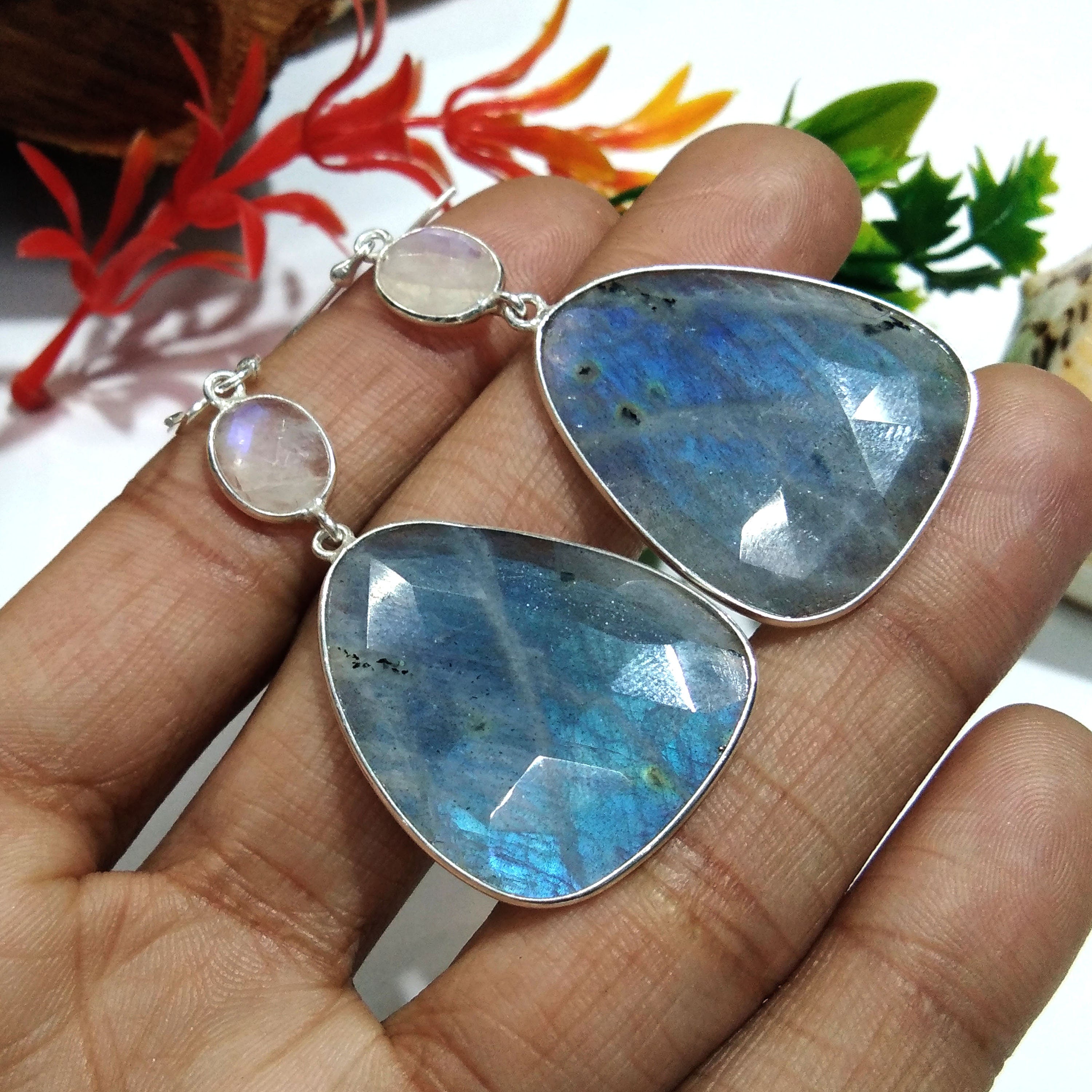 Natural Labradorite Blue Fire Gemstone Earring, 925 Solid Starling Silver Earring, Labradorite Stone Size 32x26 mm Handmade Jewelry Earring