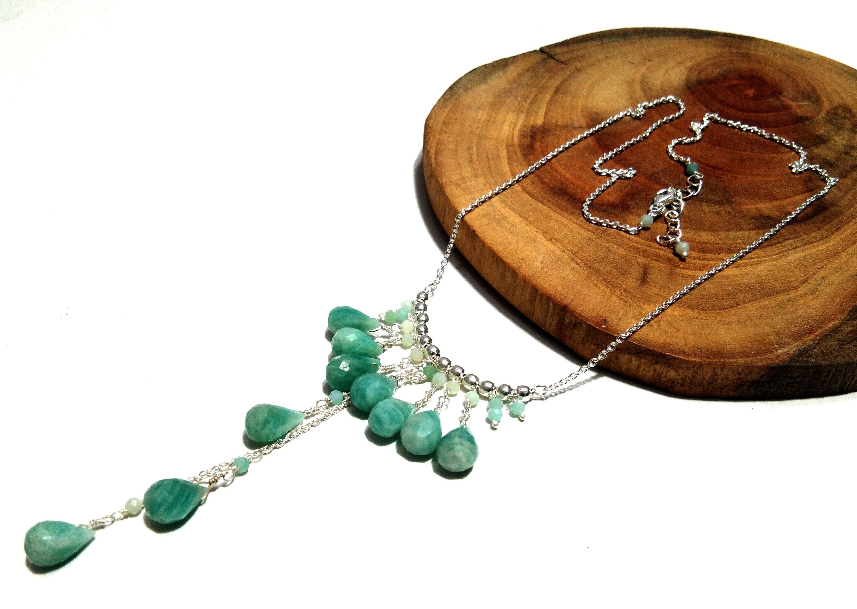 Natural Amazonite Drop's Gemstone Chain Necklace Jewelry, 925 Starling Silver Chain Necklace, Amazonite Stone Necklace, For Girls & Women