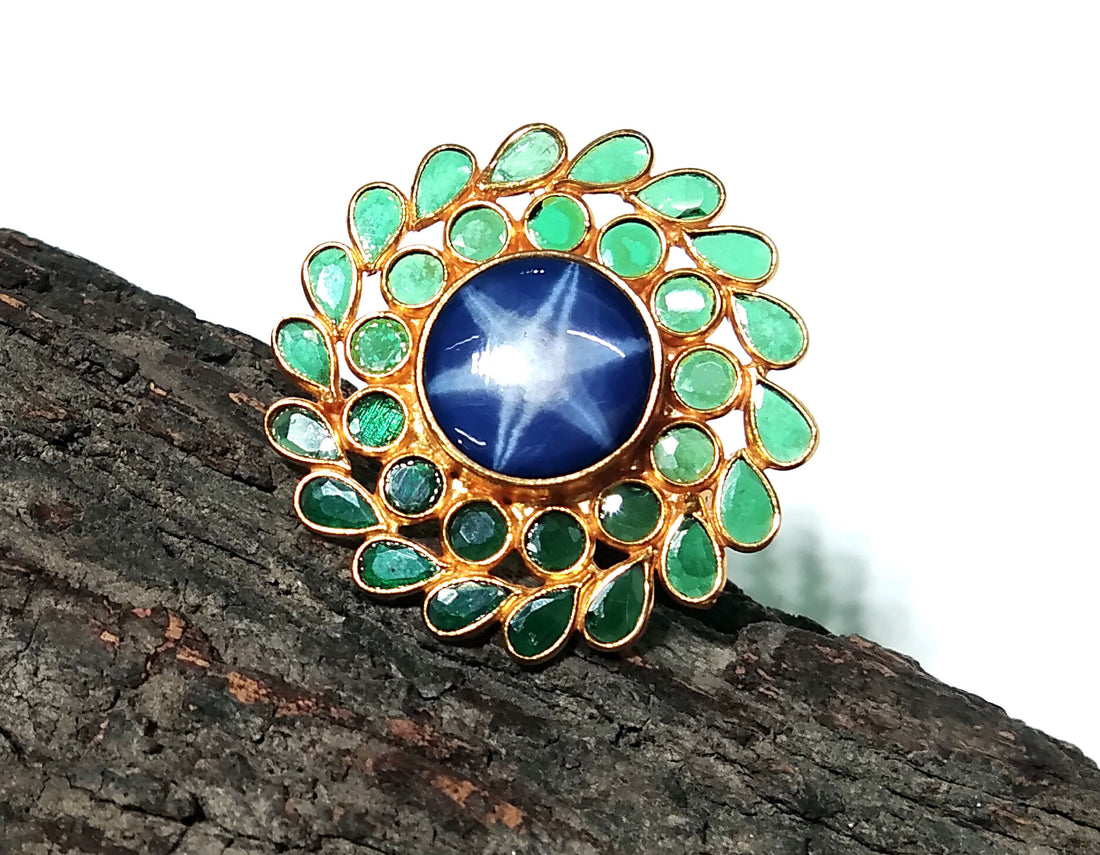 Natural Blue Sapphire Lindy Star & Green Zircon Polki Ring, 925 Silver With Gold Plated Ring, Handmade Jewelry Ring, Gift For Girls/Women