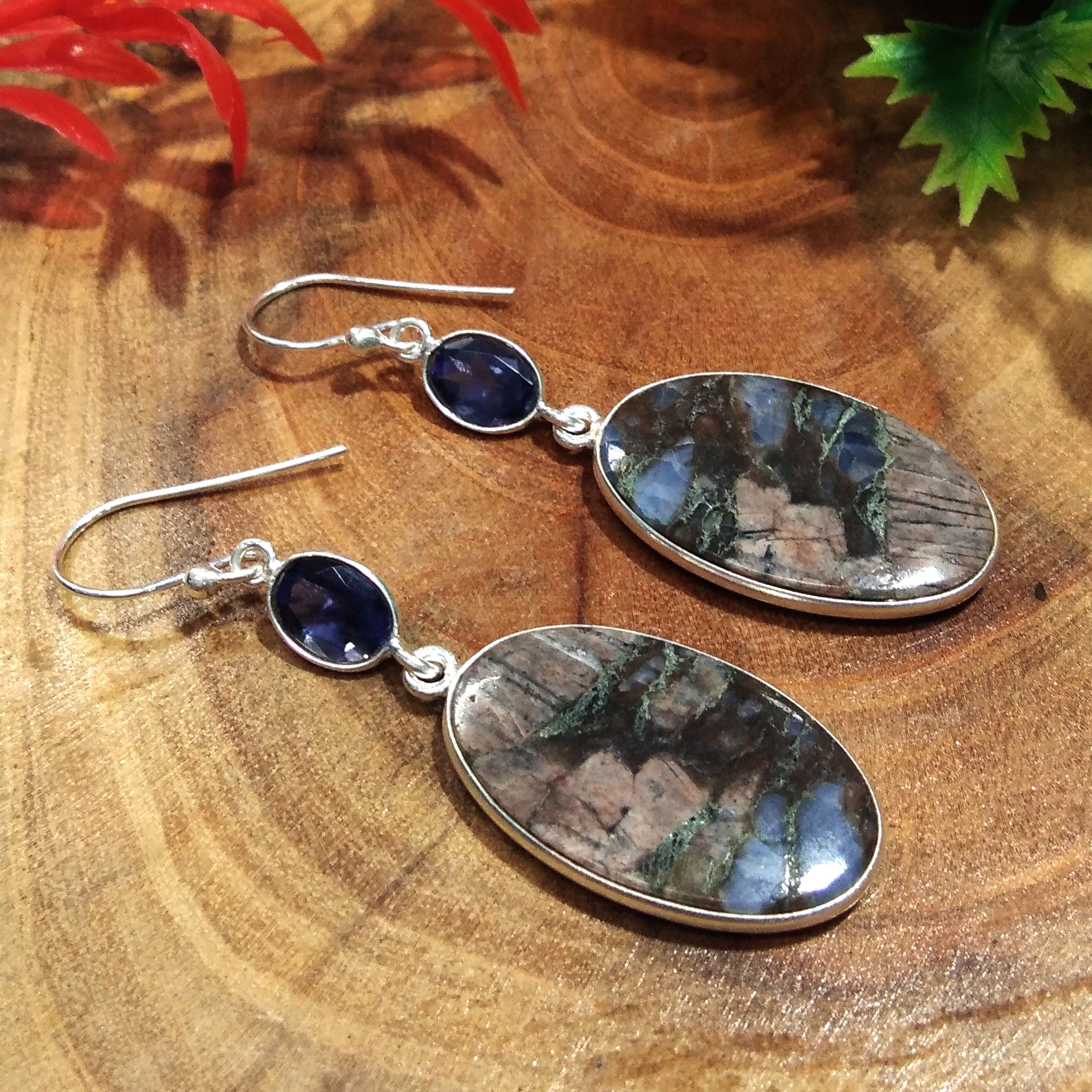 Natural Crazy Lace Agate, Iolite Gemstone Earring, 925 Solid Starling Silver Earring, Jewelry Stone Size 25x16 mm Gift Earring Birthday