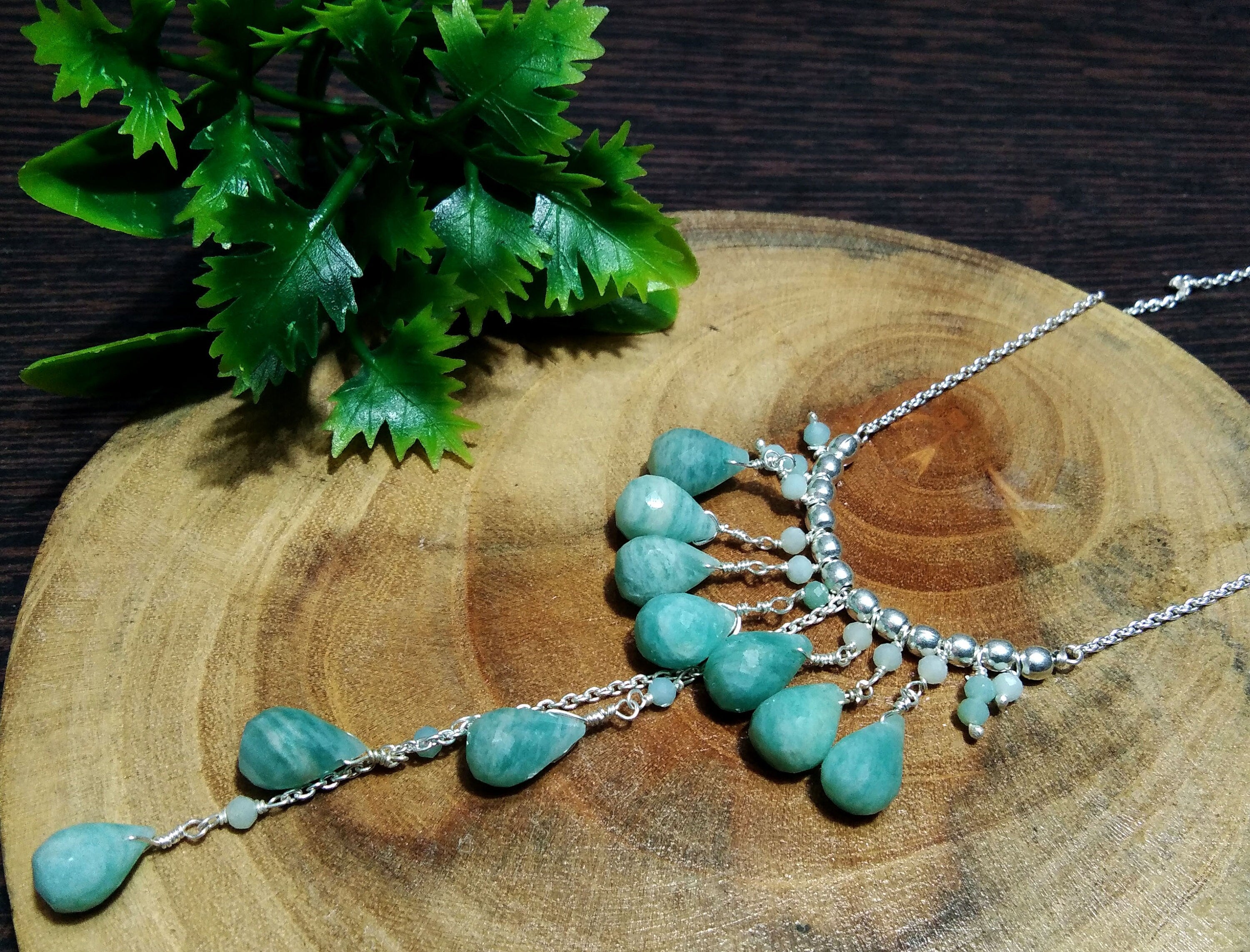 Natural Amazonite Drop's Gemstone Chain Necklace Jewelry, 925 Starling Silver Chain Necklace, Amazonite Stone Necklace, For Girls & Women