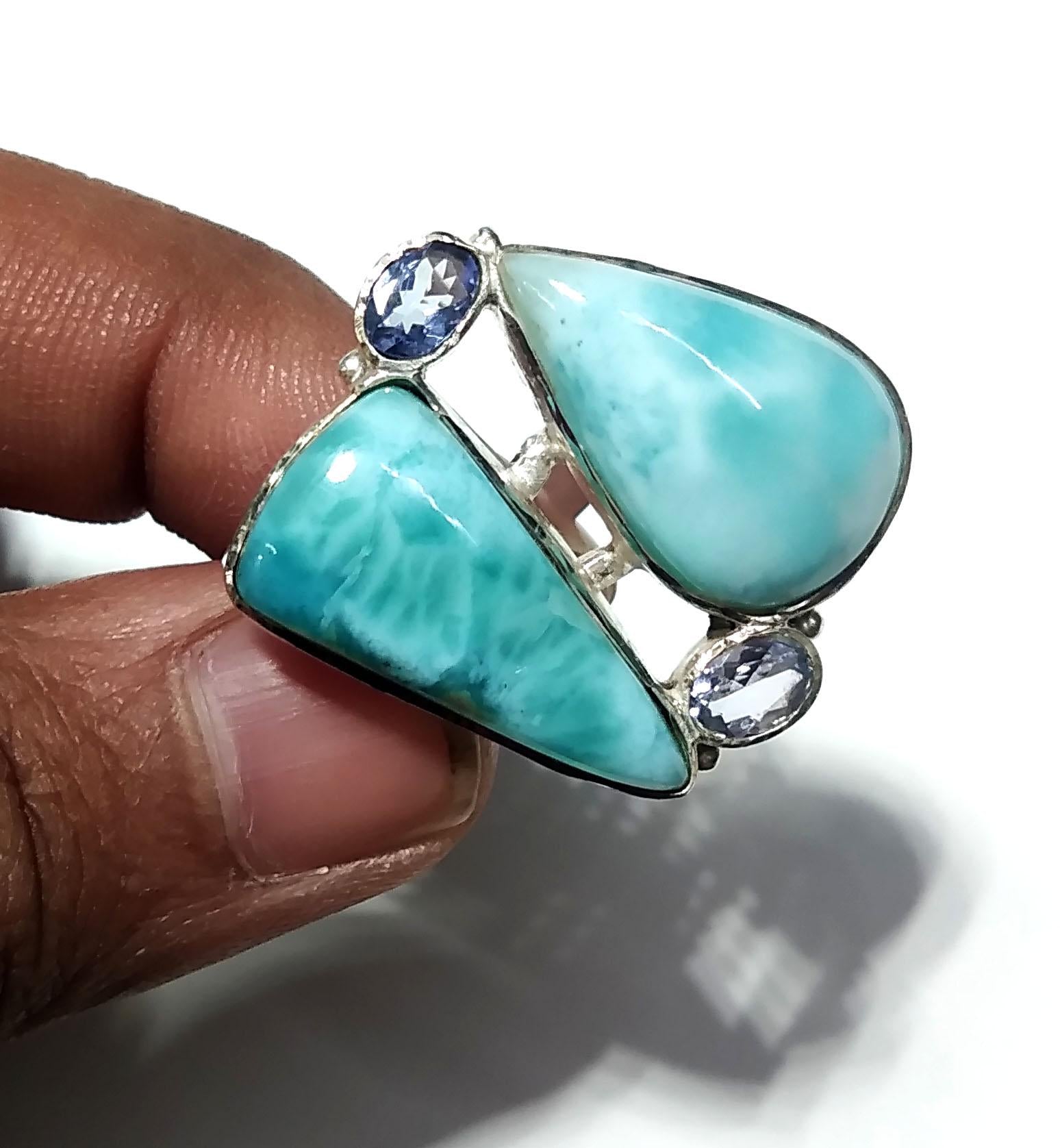 Natural Larimar & Tanzanite Faceted Gemstone Ring, 925 Solid Sterling Silver Jewelry Stone Ring, Handmade Jewelry, Gift Item For Girls/Women