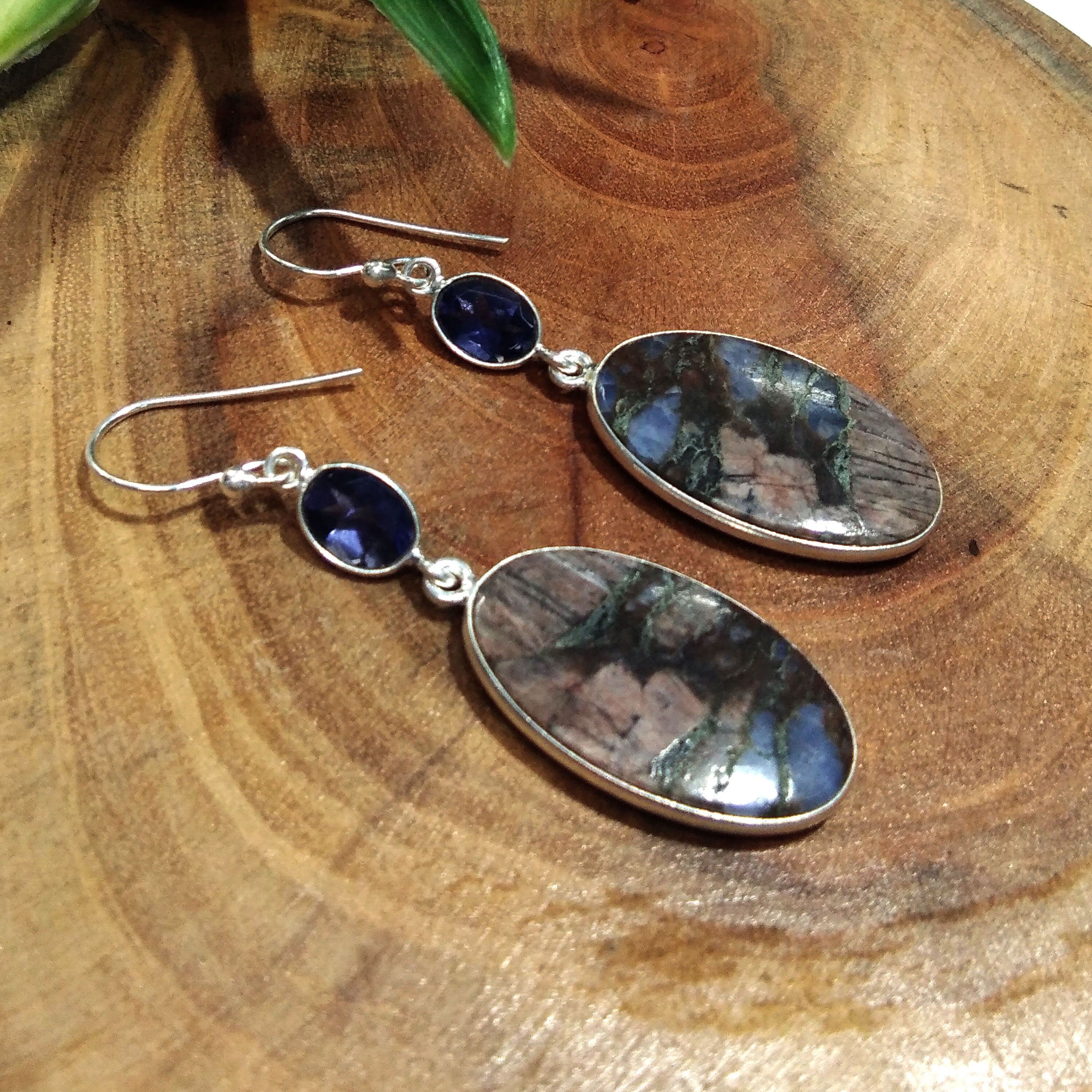 Natural Crazy Lace Agate, Iolite Gemstone Earring, 925 Solid Starling Silver Earring, Jewelry Stone Size 25x16 mm Gift Earring Birthday