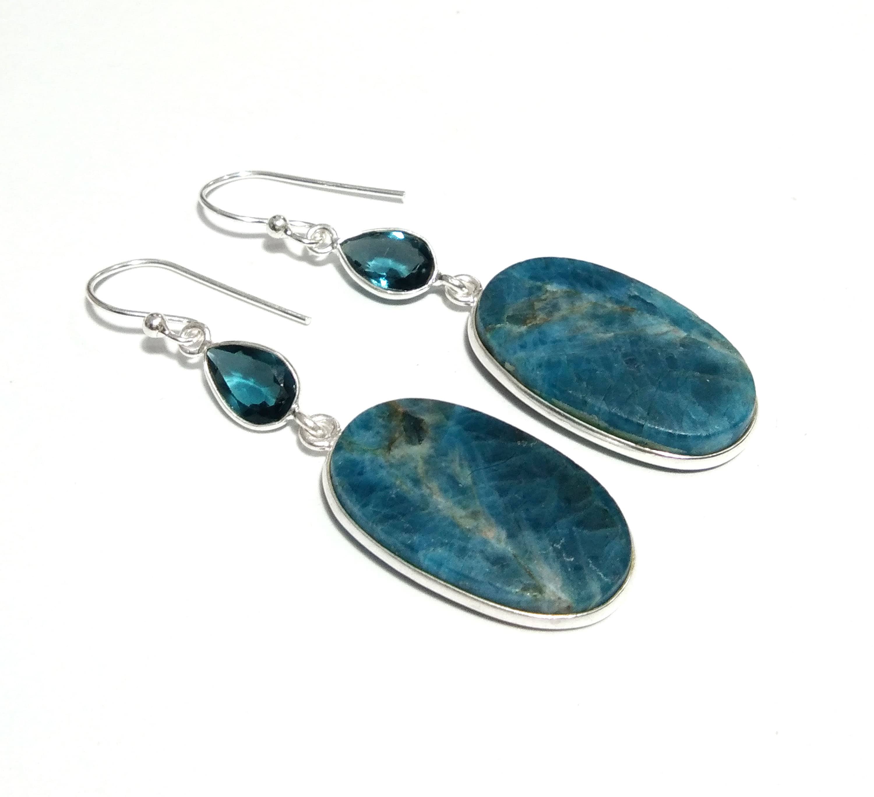 Natural Apatite, Blue Topaz Earring Stone, 925 Solid Starling Silver Earring, Blue Apatite Stone Size 26x15 mm Bridesmaids Gift Earring