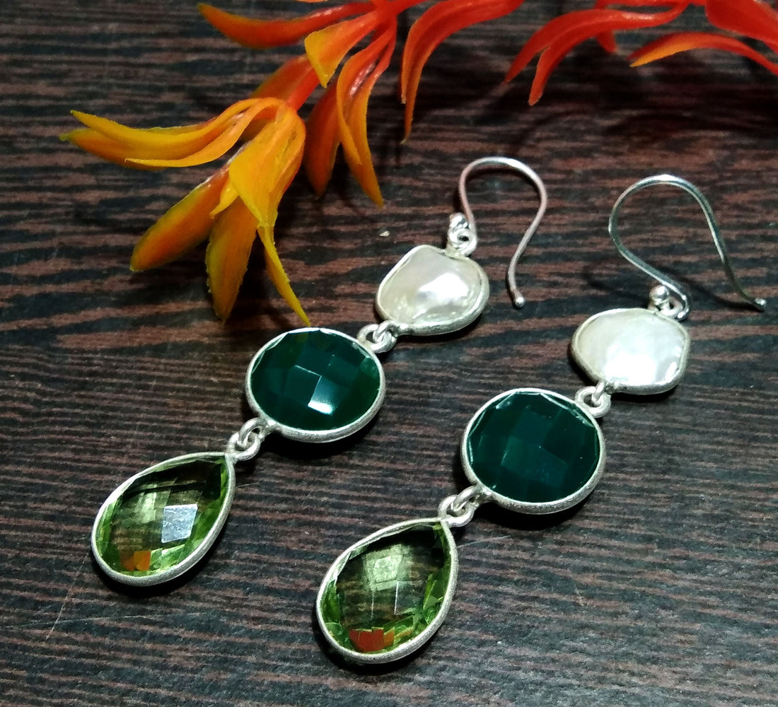 Natural Fresh Water Baroque Pearl/Green Onyx, Amethyst Stone Drop Earring, 925 Solid Starling Silver Earring, Gemstone Gift Birthday Earring