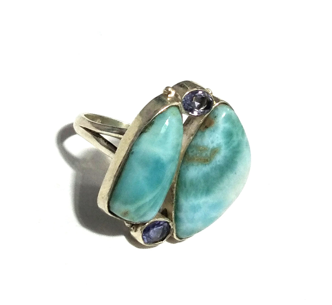 Natural Larimar, Tanzanite Gemstone Ring, 925 Solid Sterling Silver Ring, Stone Size 23x14mm to 19x9mm Handmade Ring, Gift Birthday Ring