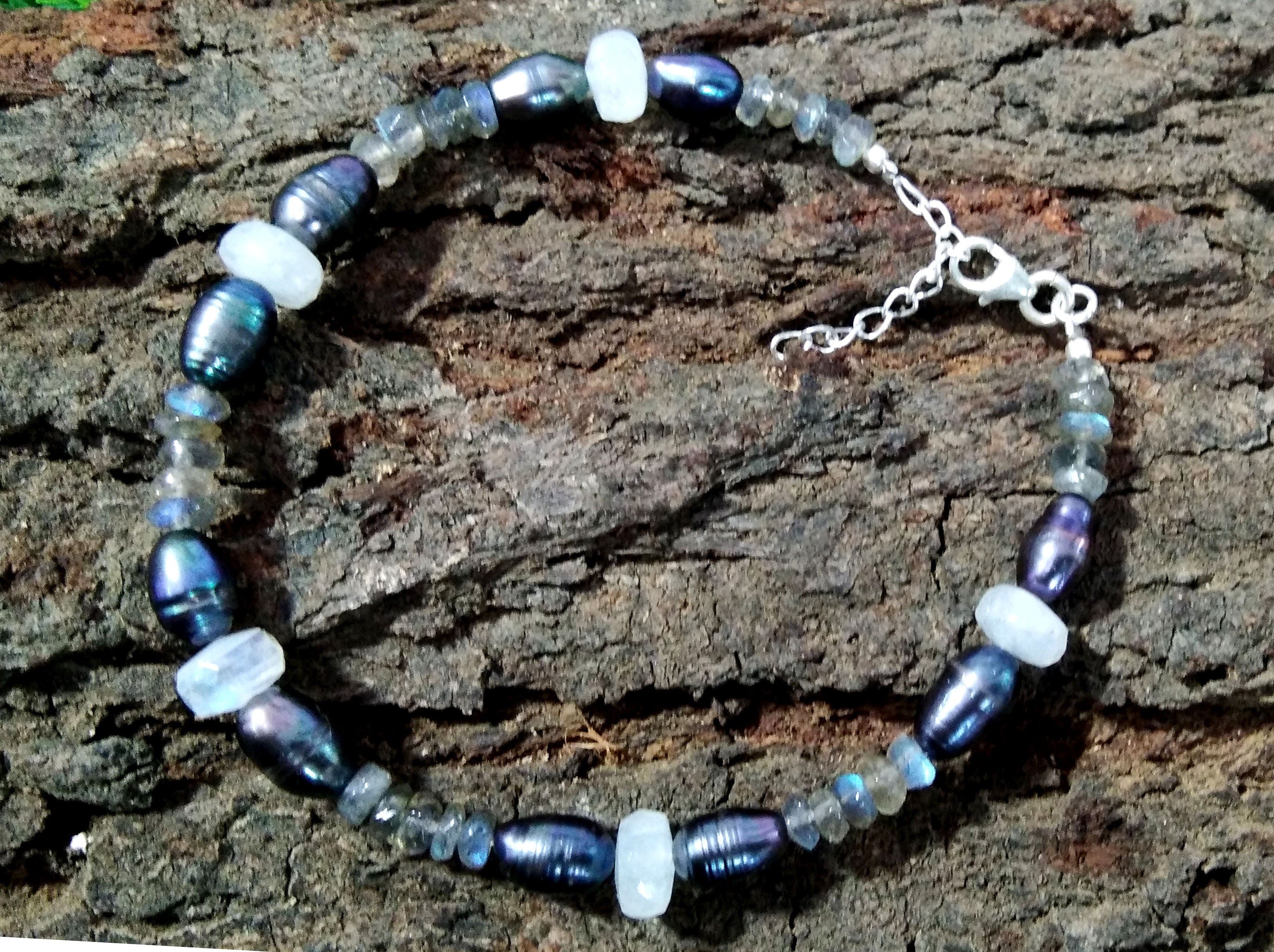 Labradorite-Rainbow Moonstone-Grey Pearl Bracelets In 925 Sterling Silver, Natural Handmade Making Gemstone Adjustable Bracelets Jewelry