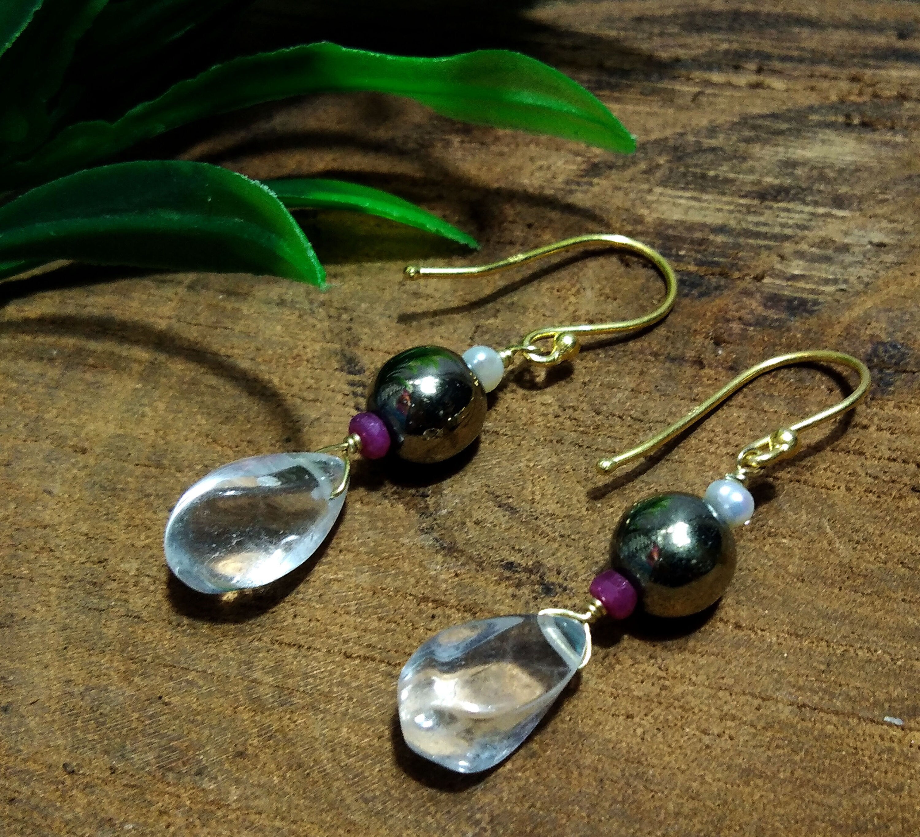 Natural White Crystal Quartz & Pyrite Stone Earring, Amazing Design 925 Sterling Silver With Gold Plated Earring, For Women Anniversary Gift