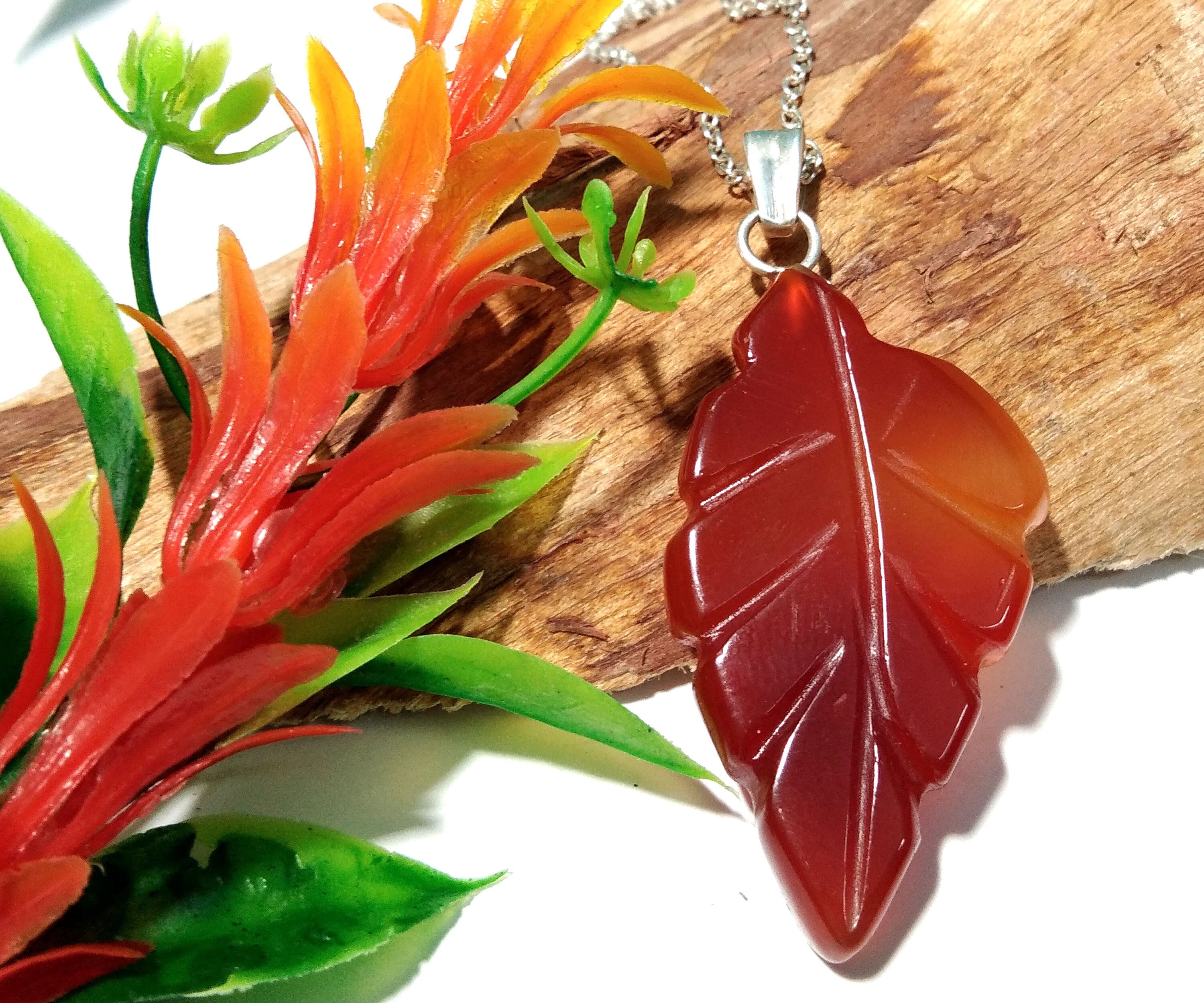 Natural Red Onyx Leaf Carving Stone Pendant, 925 Starling Silver Chain Necklace Pendant, Girls & Women Gift Wedding Jewelry