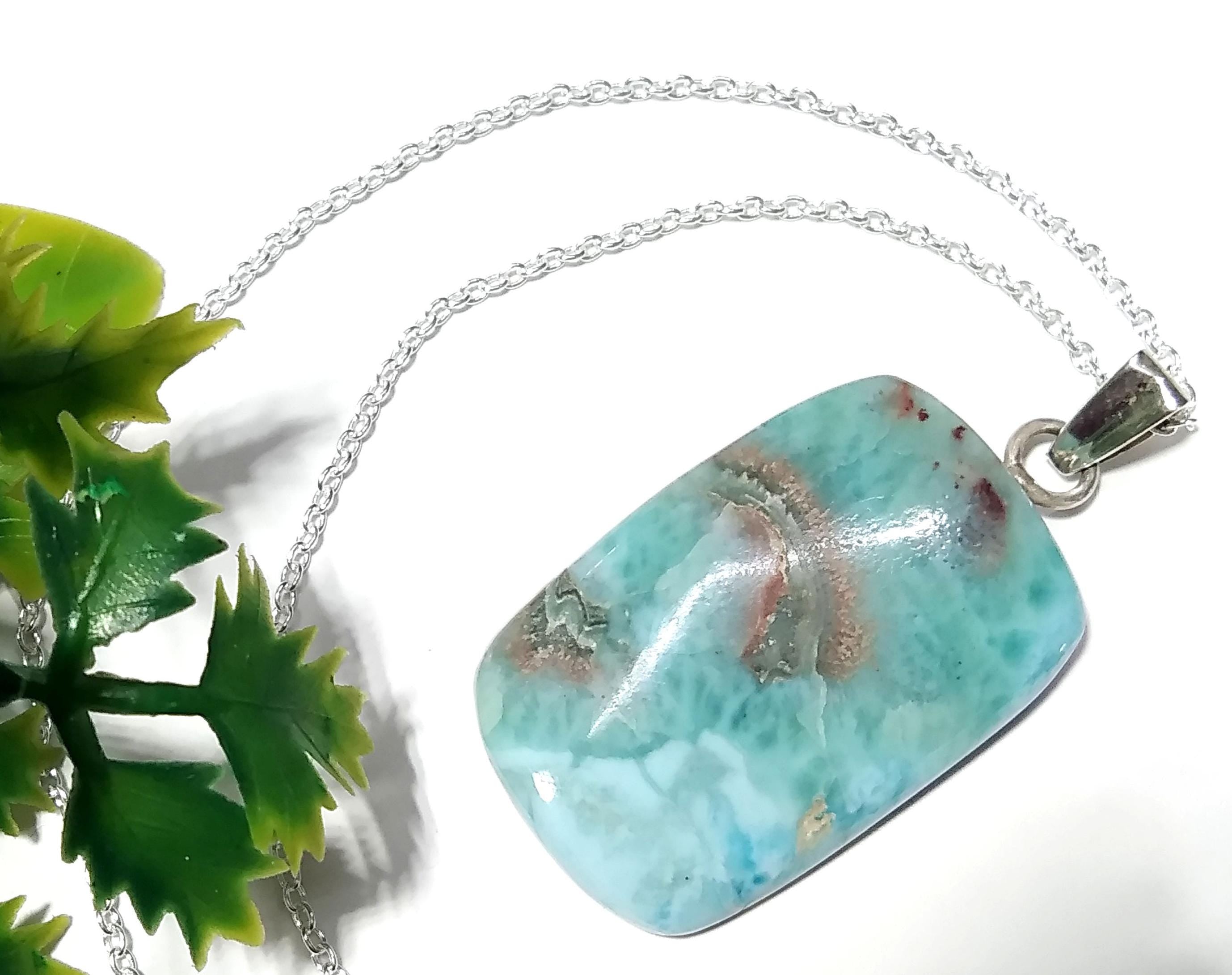 Natural Larimar Gemstone Chain Pendant, 925 Starling Silver Pendant Necklace, Handmade Jewelry Wonderful Larimar Stone Size 34x22 mm Pendant