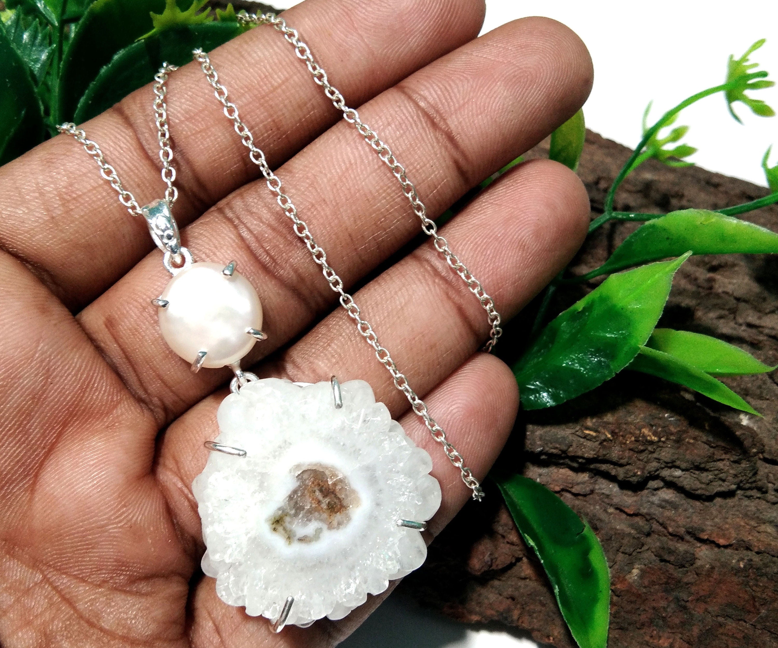 Wonderful Solar Quartz/Pearl Gemstone Pendant Chain Necklace, 925 Sterling Silver Fancy Shape Handmade Pendant Gift Easter Pendant Necklace