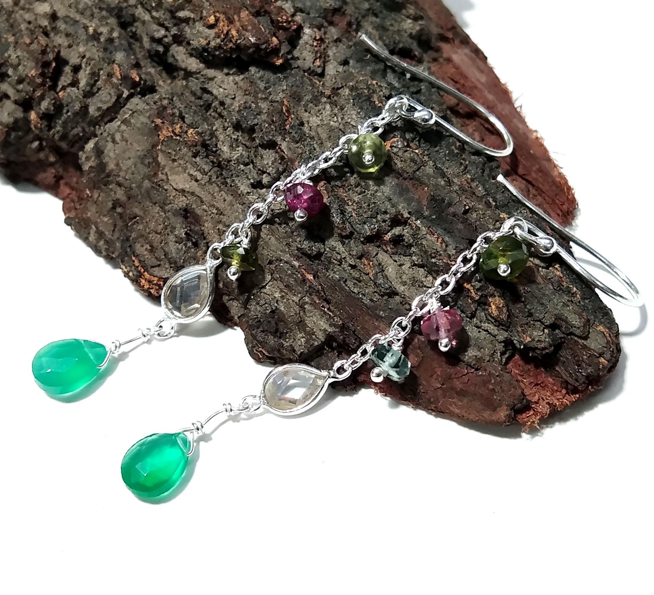 Natural Multi Tourmaline And Green Onyx Gemstone Earrings, 925 Sterling Silver Earring Handmade Making Jewelry Earring, For Girls & Women.
