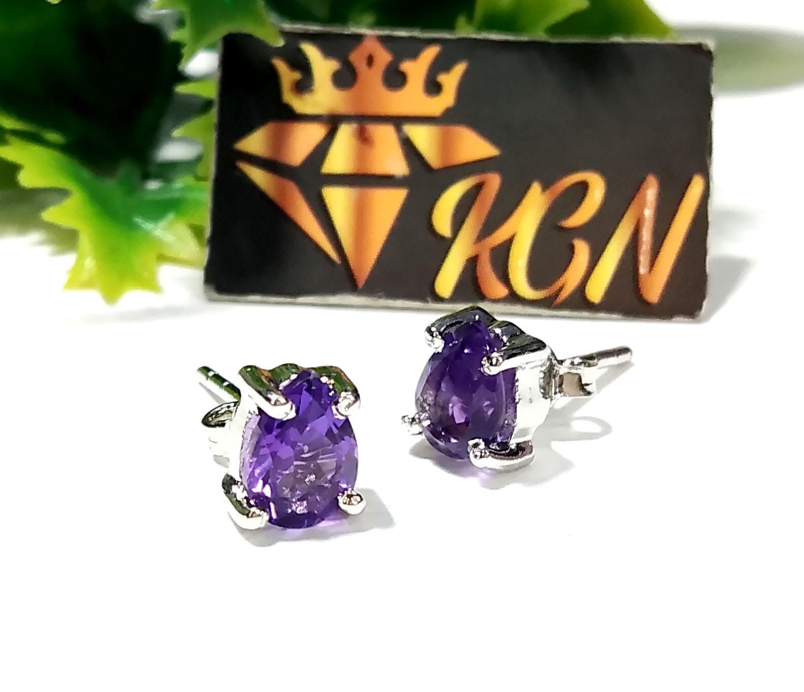 Natural Amethyst Stud Earrings, 925 Sterling Silver Amethyst Stud Earrings, Amethyst Gemstone Pear Shape Stone Size 7x5mm Gift For Women.