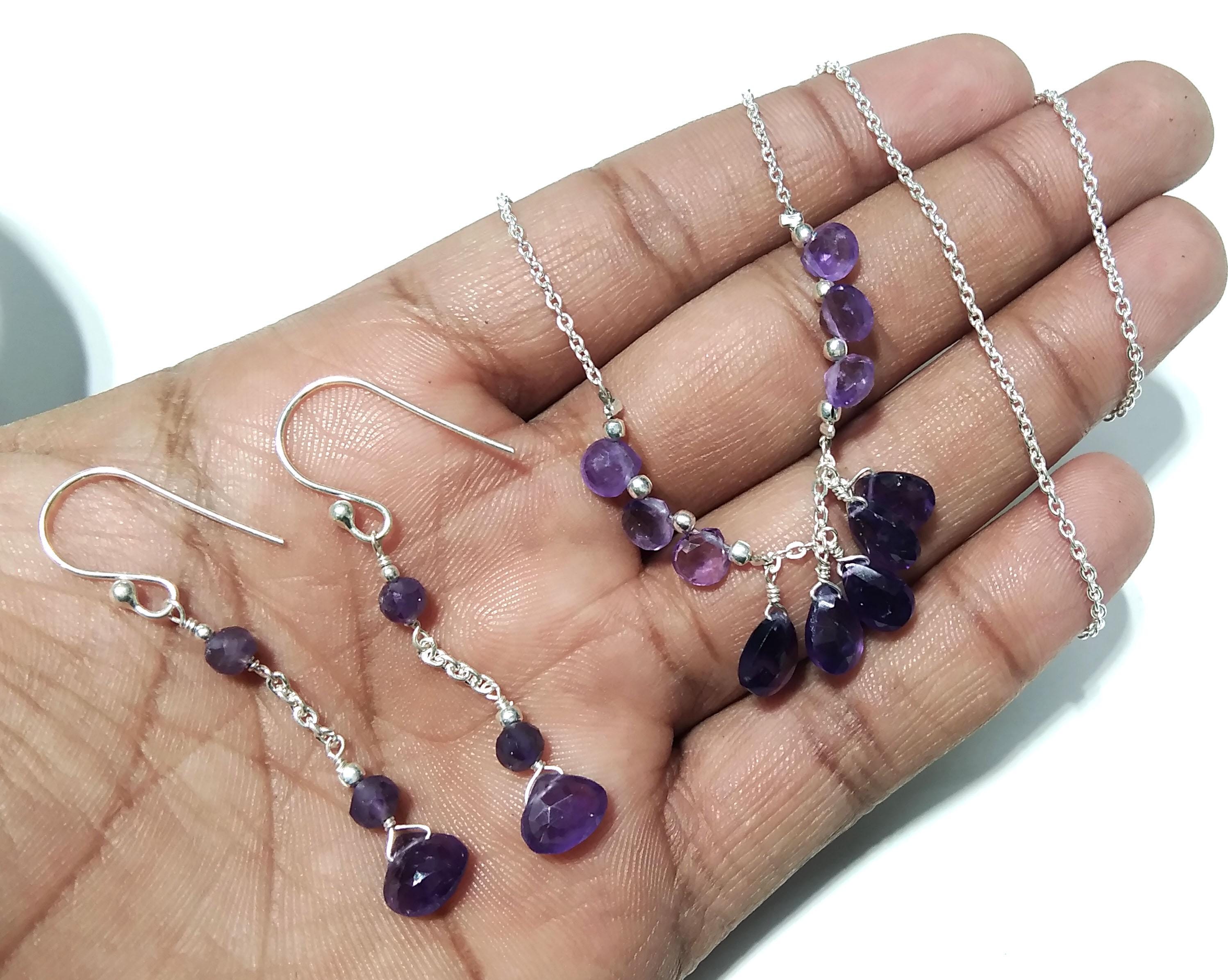 Natural Amethyst Gemstone Earrings And Necklace Jewellery Set, 925 Solid Sterling Silver Necklace, Beautiful Amethyst Stone Gift For Her