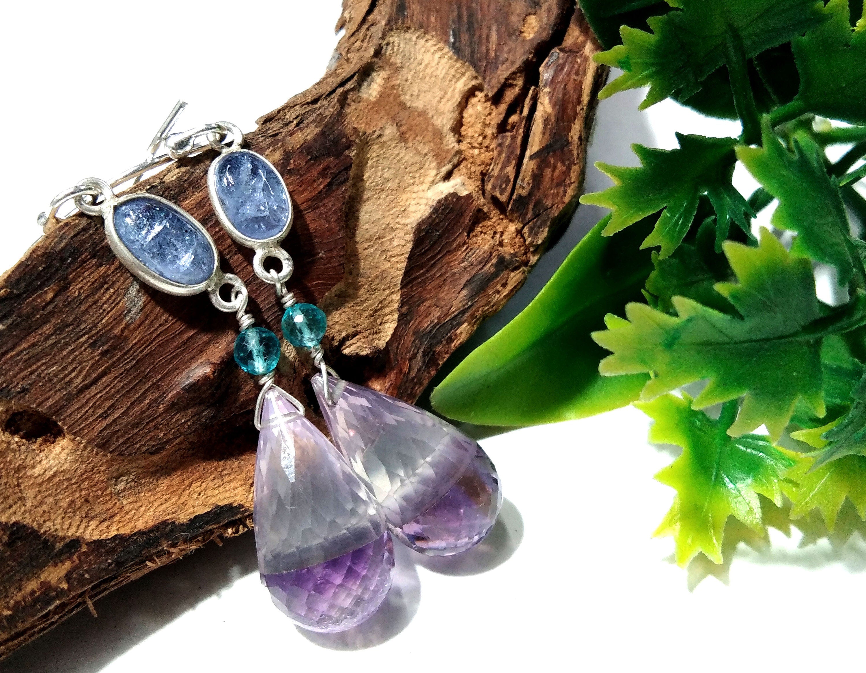 Natural Doublet Gemstone Amethyst & Tanzanite Multi Stone Earring, With 925 Sterling Silver Earring Jewelry, For Girls/Women.