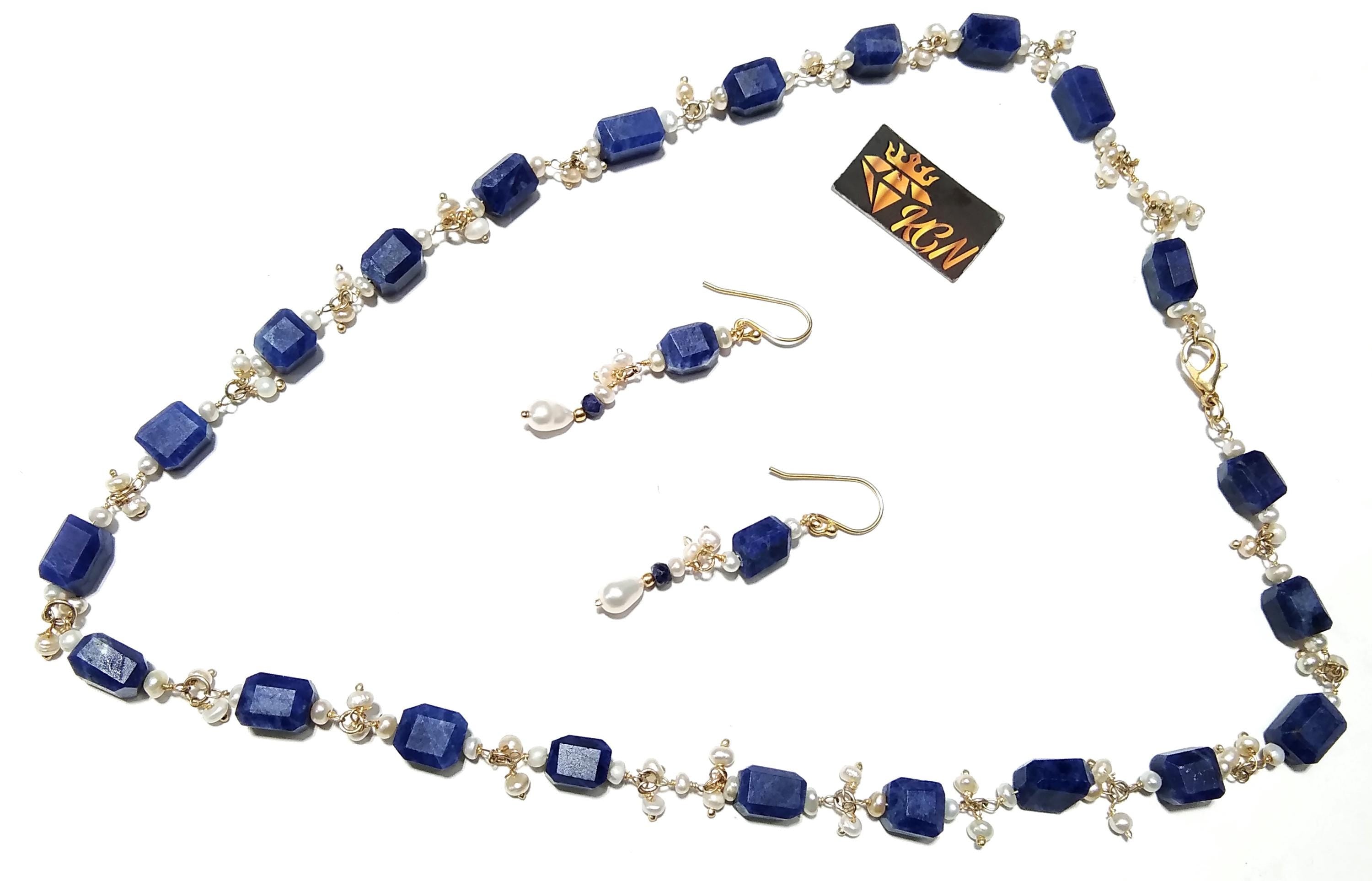 Natural Sodalite, Pearl Gemstone Necklace Earring Jewelry Set, 925 Solid Sterling Silver With Gold Plated Necklace Earring, Necklace Set