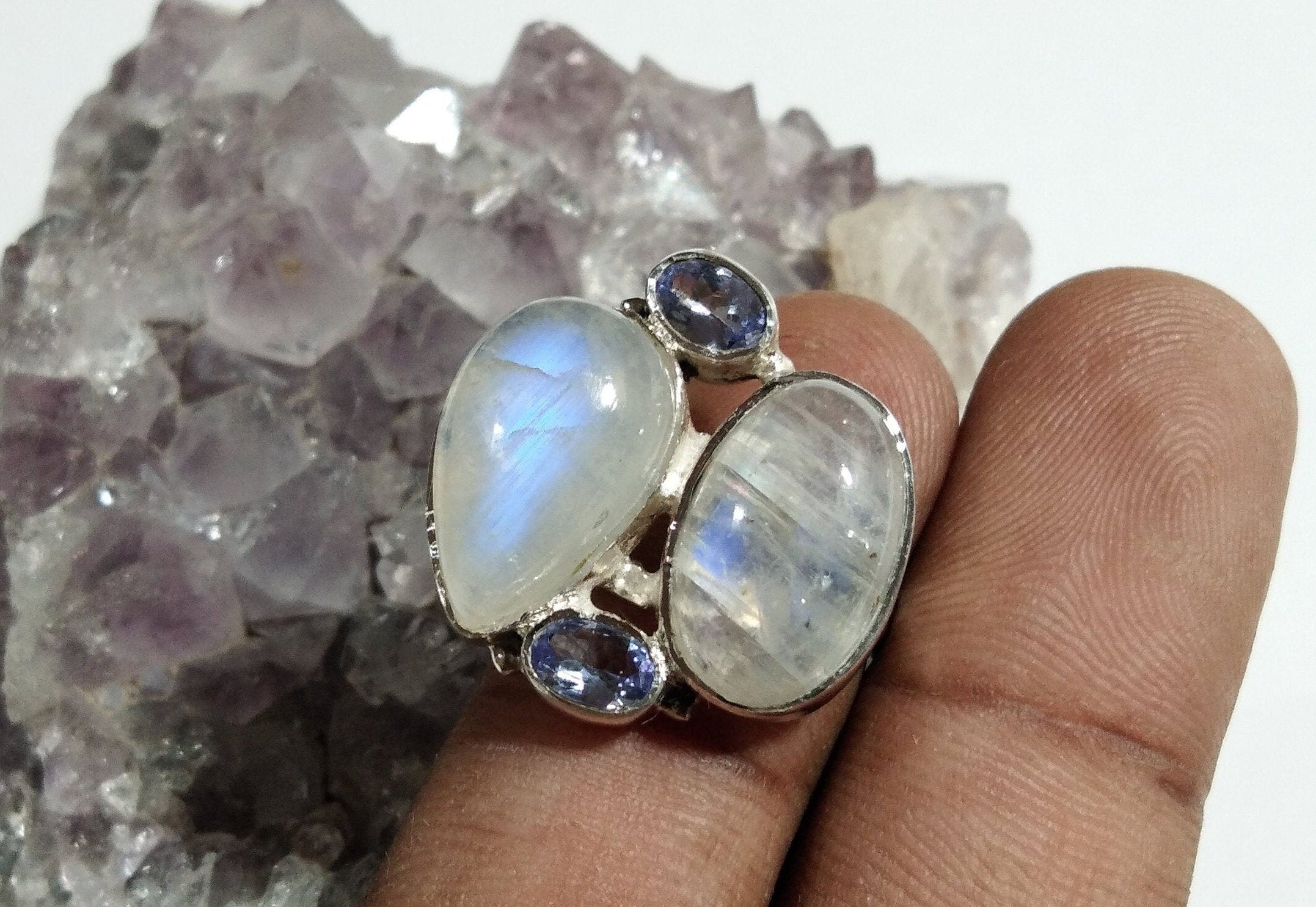 Rainbow Moonstone And Tanzanite Multi Stone Rings, 925 Sterling Silver Jewelry, Natural Gemstone Ring, Handmade Jewelry, For Girls/Women.