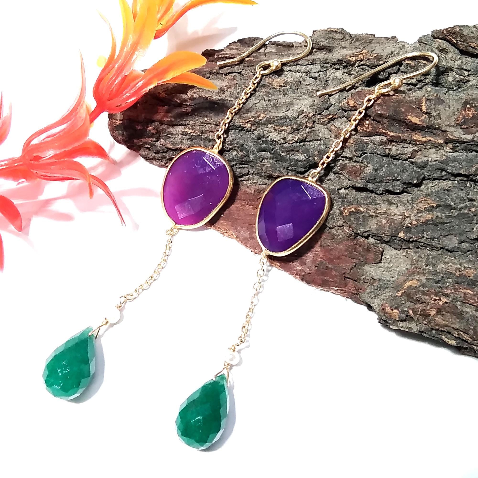 Natural Green Jade & Pink Chalcedony Gemstone Earring, 925 Starling Silver With Gold Plated Earring, Bezel Handmade Earring, For Girls/Women