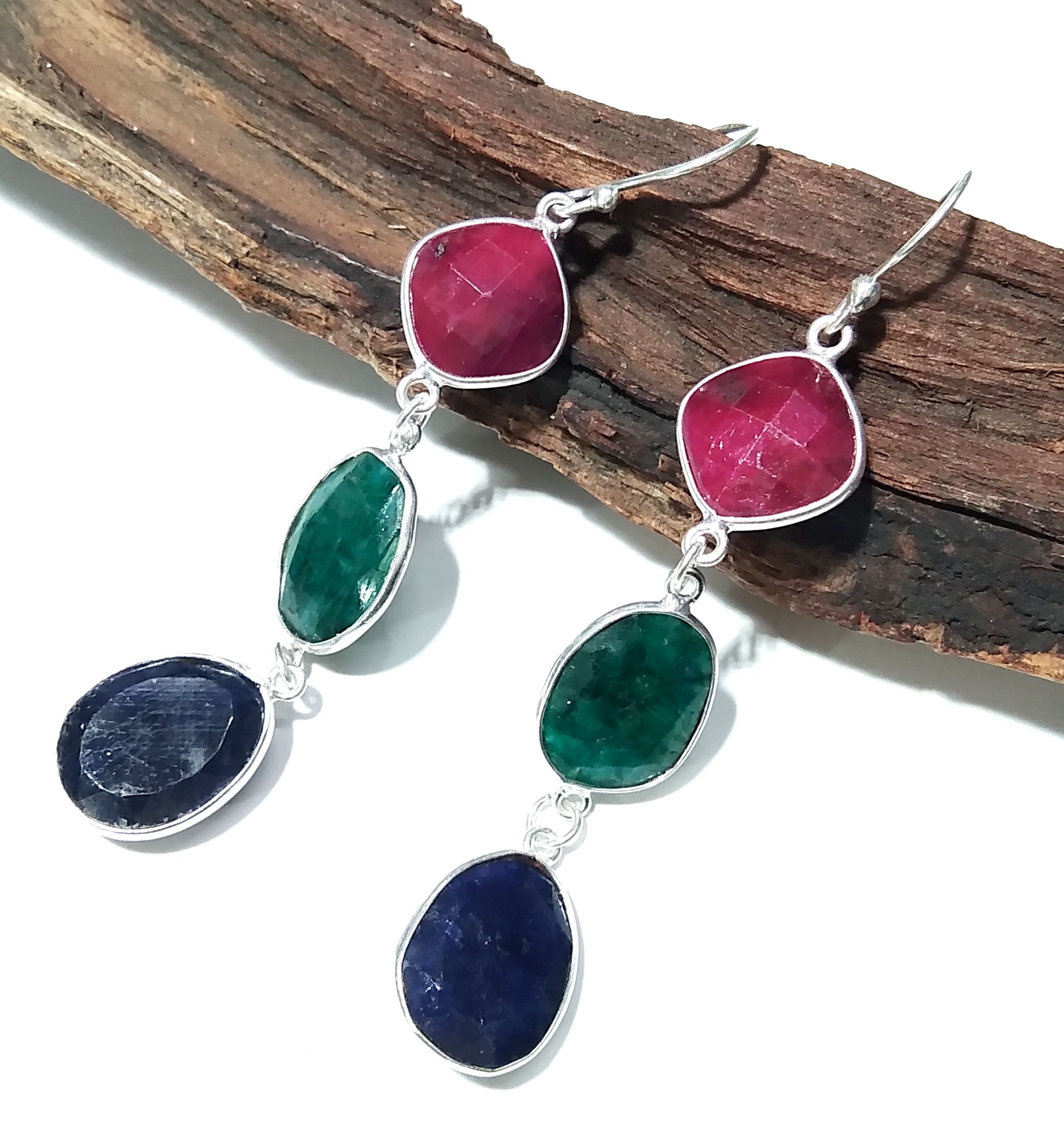 Natural Emerald,Red Ruby,Blue Sapphire Stone Earring, 925 Solid Starling Silver Earring Gemstone, Gift Wedding Earring, Handmade Jewelry