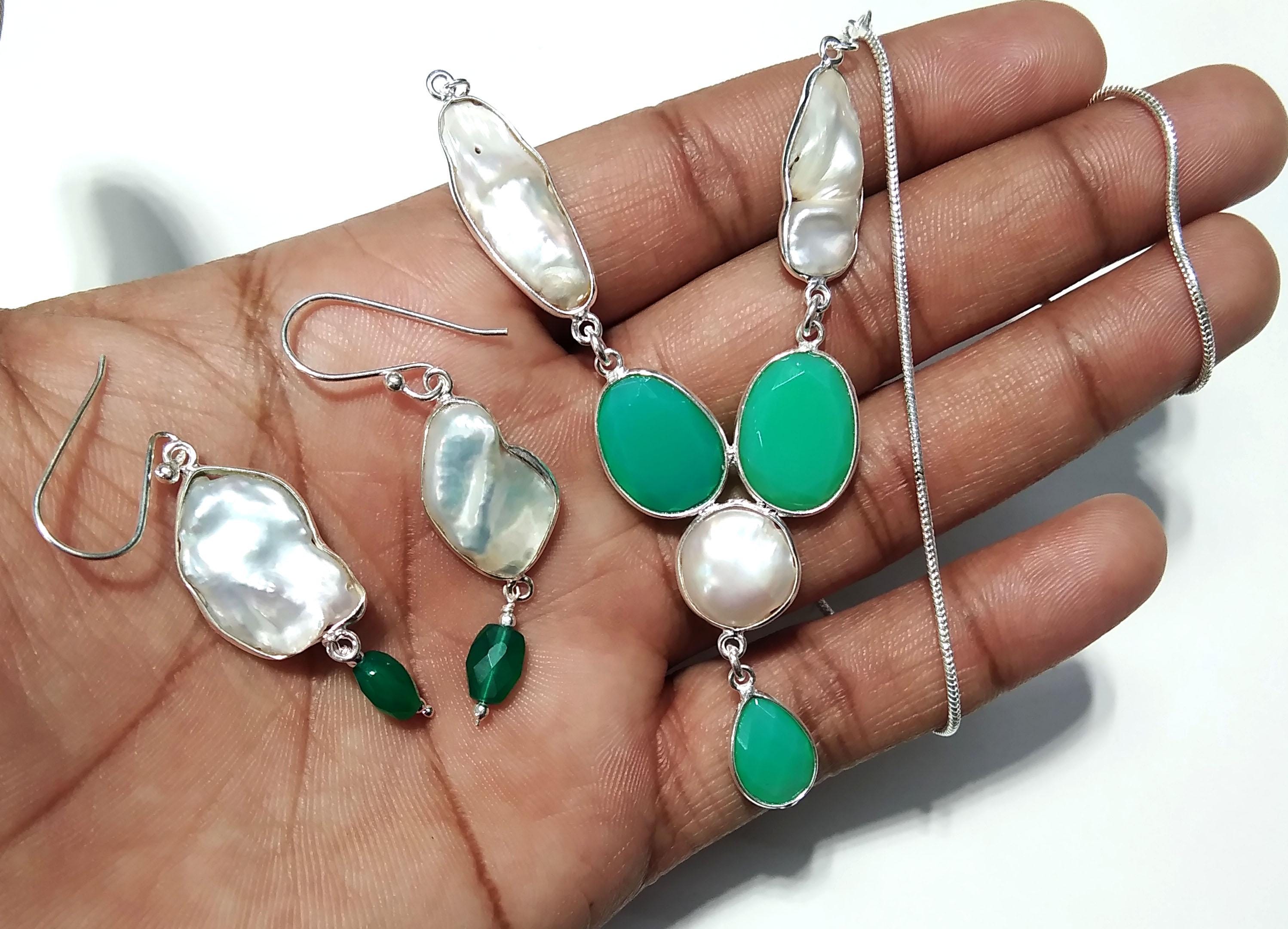 Natural Fresh Water Pearl/Chrysoprase Stone Necklace Earring Jewelry Set, 925 Sterling Silver Necklace Jewelry, Necklace Set For Women