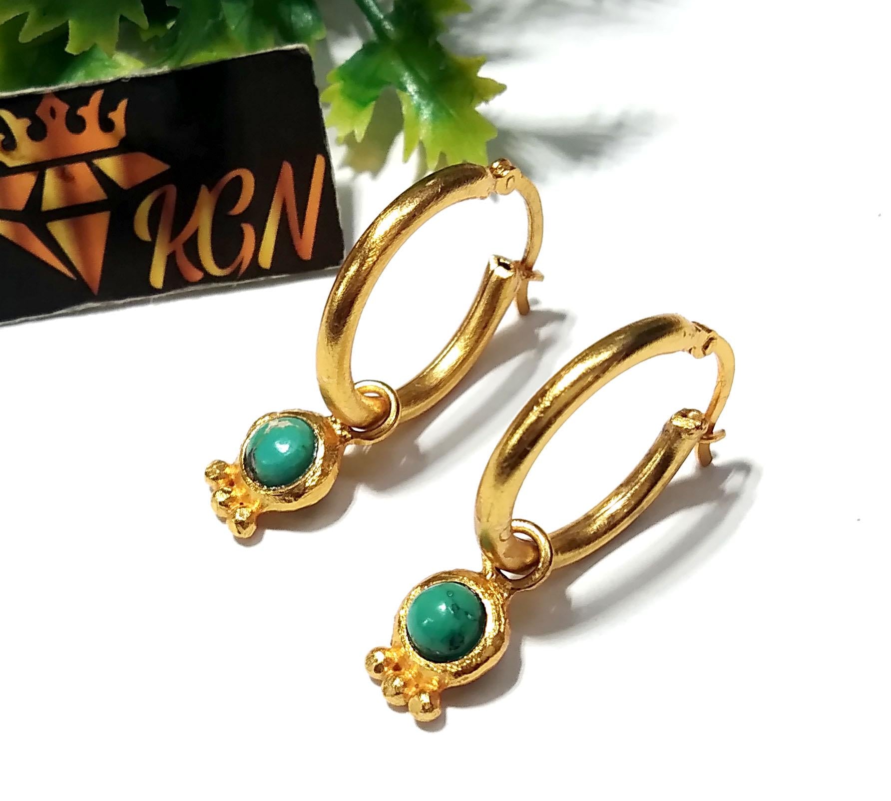 Natural Tibetan Turquoise Earring, 925 Solid Sterling Silver Gold Plated Earring, Tibetan Turquoise Hoop Earring, For Gift Birthday Earring