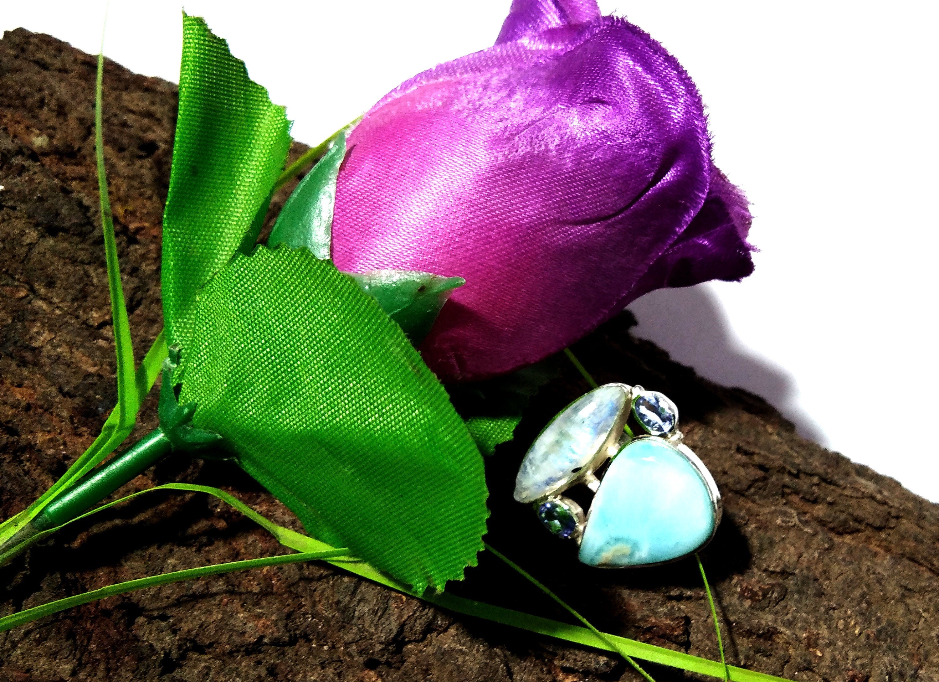 Natural Larimar, Rainbow Moonstone & Tanzanite Ring, 925 Solid Sterling Silver Ring, Gemstone Jewelry Rings, Handmade Making Jewelry Ring