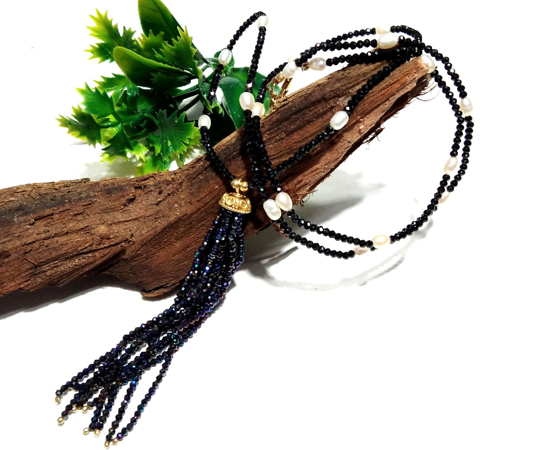 Natural Black Spinel And White Baroque Pearl Chain Necklace, 925 Starling Silver Gold Plated Chain Necklace 40''Inch Adjuster Chain Necklace