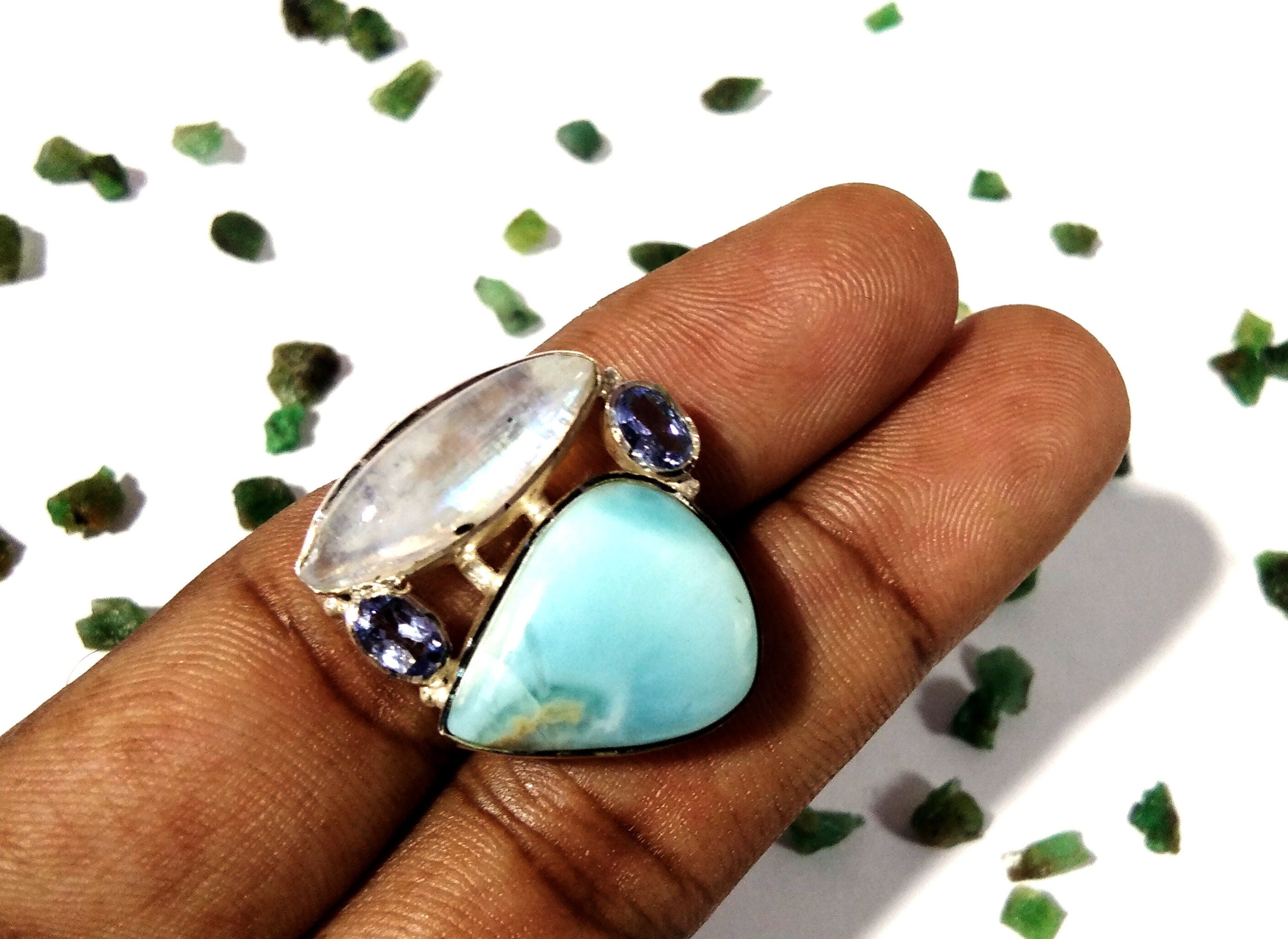 Natural Larimar, Rainbow Moonstone & Tanzanite Ring, 925 Solid Sterling Silver Ring, Gemstone Jewelry Rings, Handmade Making Jewelry Ring