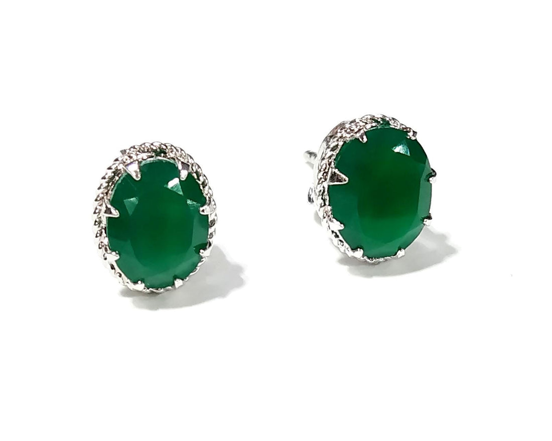 Natural Green Onyx Faceted Stud Earring, 925 Starling Silver Earring Jewelry, Green Onyx Gemstone Oval Shape Stone Size 9x7mm Christmas Gift