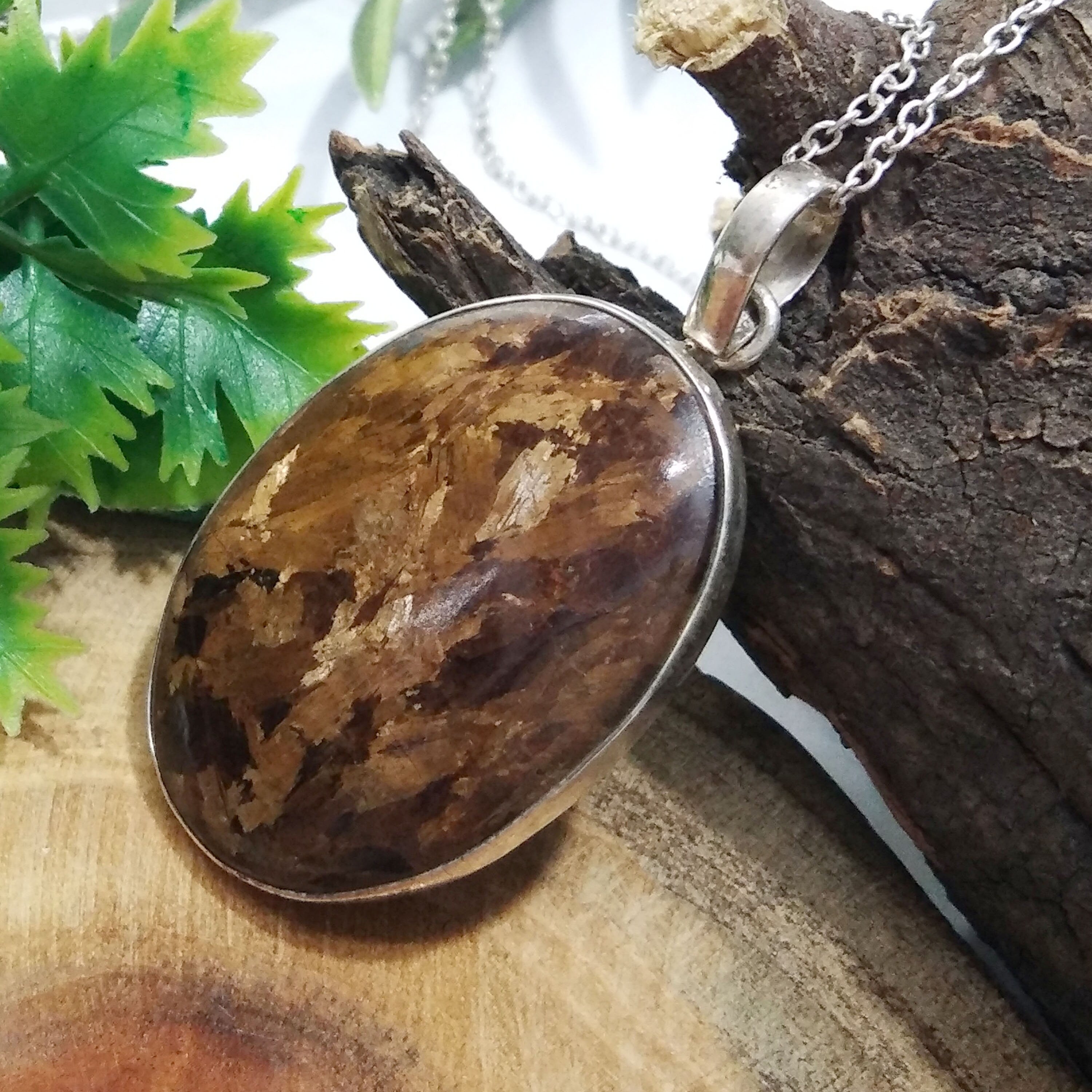 Natural Bronzite Gemstone Pendant Chain Necklace , 925 Starling Silver Pendant Necklace, Handmade Jewelry Stone Size 38x26 mm Gift Pendant