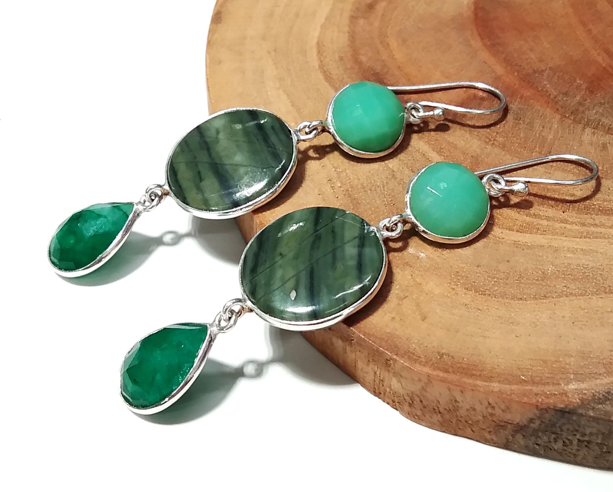 Natural Chrysoprase,Green Jasper,Emerald Stone Drop Earring, 925 Solid Starling Silver Earring, Gift Wedding Earring, For Girls & Women.