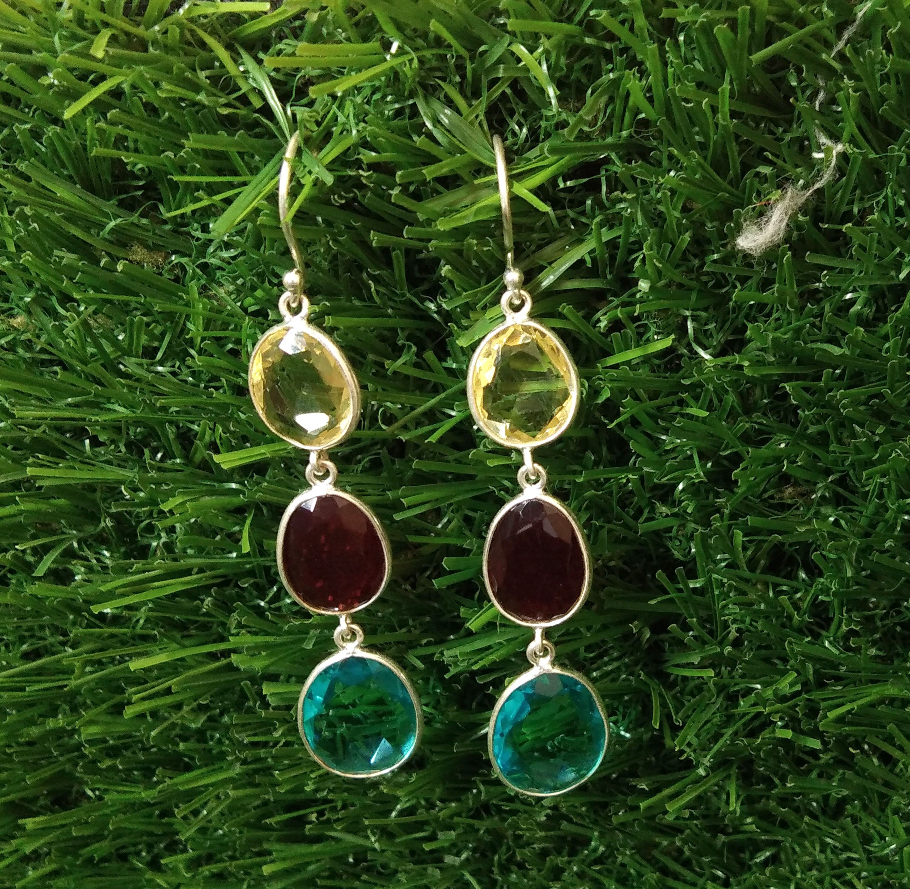 Natural Lemon Quartz/Topaz/Garnet Stone Earring, 925 Solid Starling Silver Earring, Mix Stone Fancy Shape Stone Size 15x12 mm to 12x10 mm