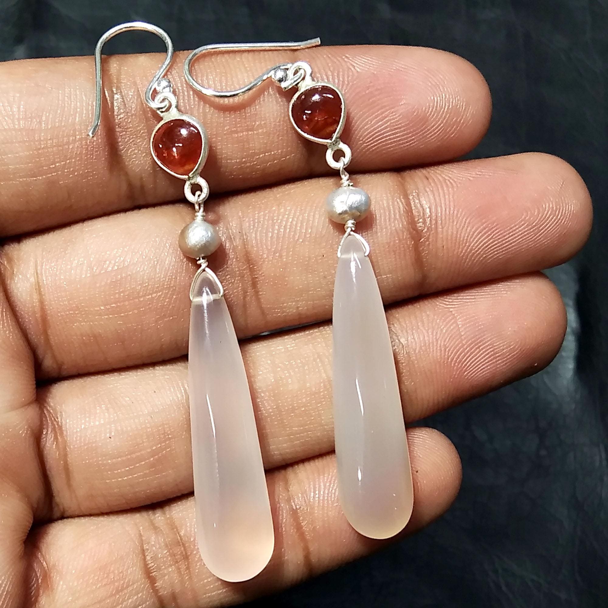 Natural Chalcedony/Yellow Garnet & Pearl Gemstone Earring 925 Starling Silver Earring Handmade Silver Jewelry Stone Earring Gift Birthday