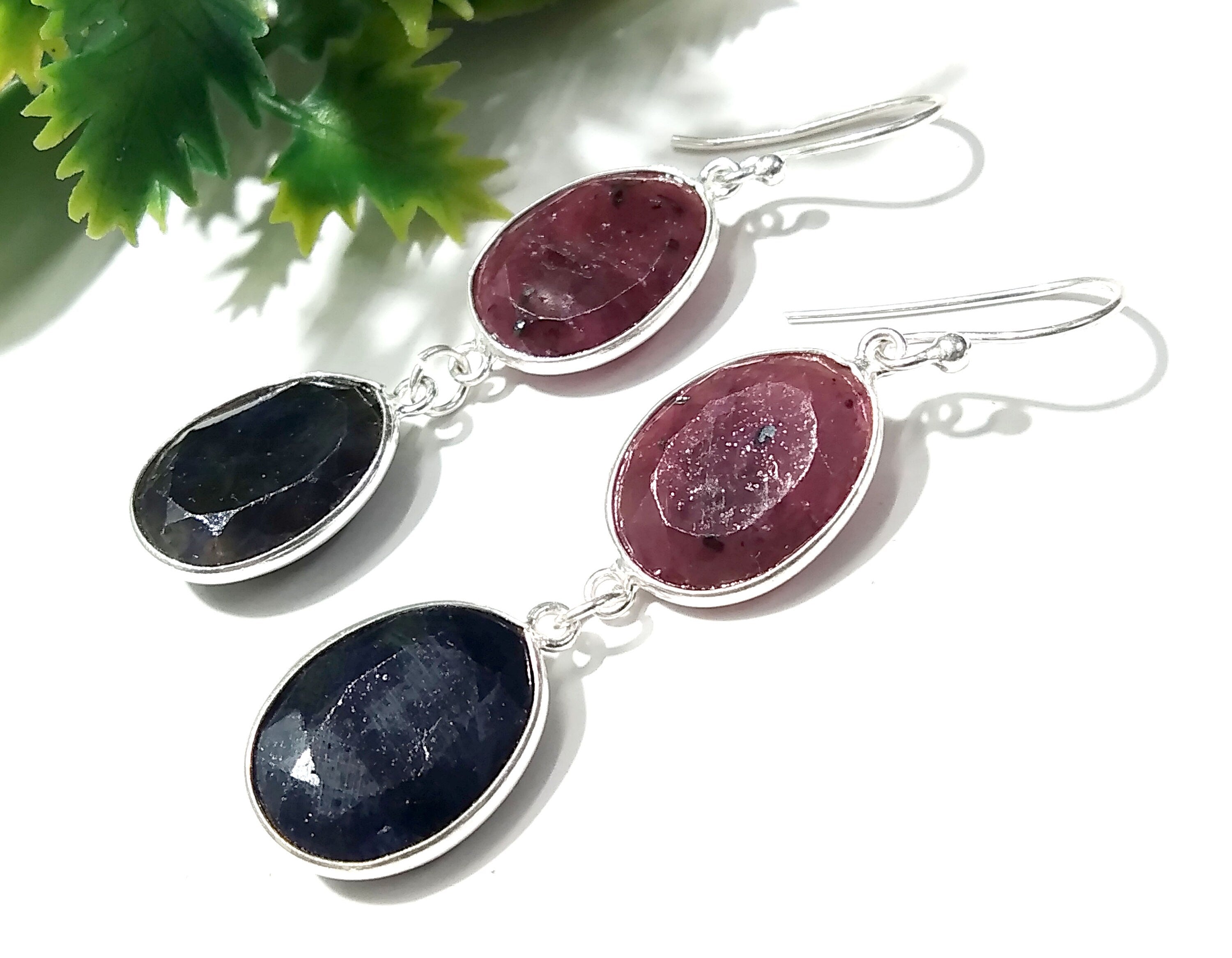 Natural Red Ruby/Blue Sapphire Gemstone Earring, 925 Solid Starling Silver Earring Gemstone, Gift For Wedding Earring, Birthstone Earring