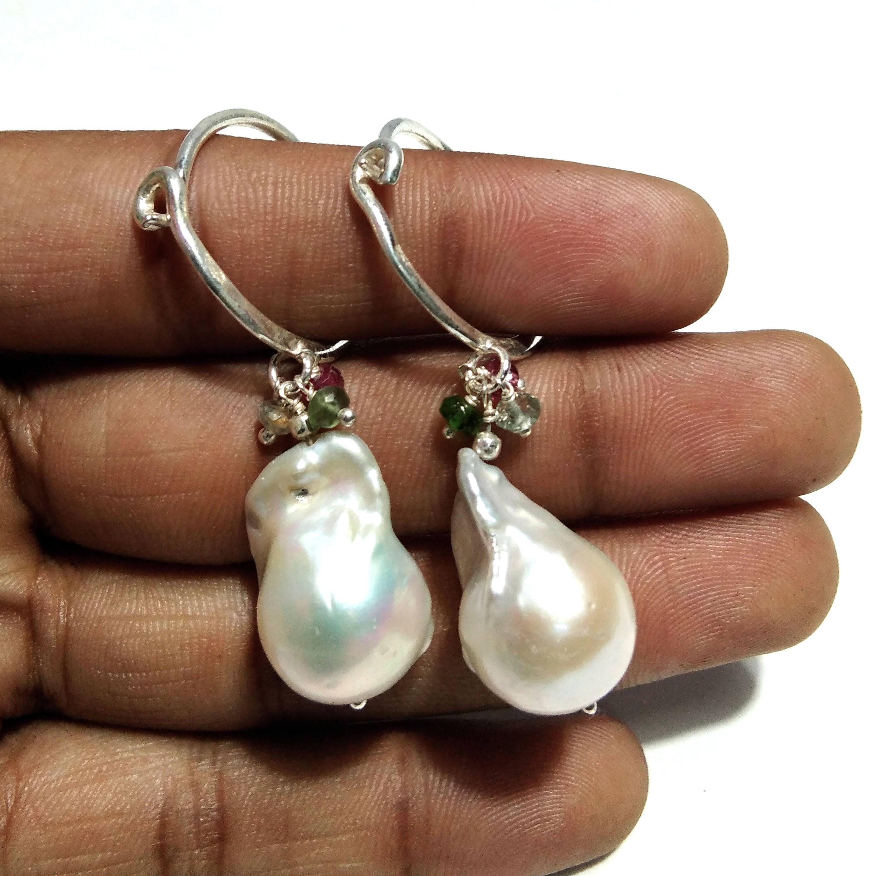 Natural Baroque Pearl Earring Gemstone, 925 Solid Starling Silver Earring, Jewelry Fancy Shape Stone Size 20x14 mm Pearl For Gift Earring