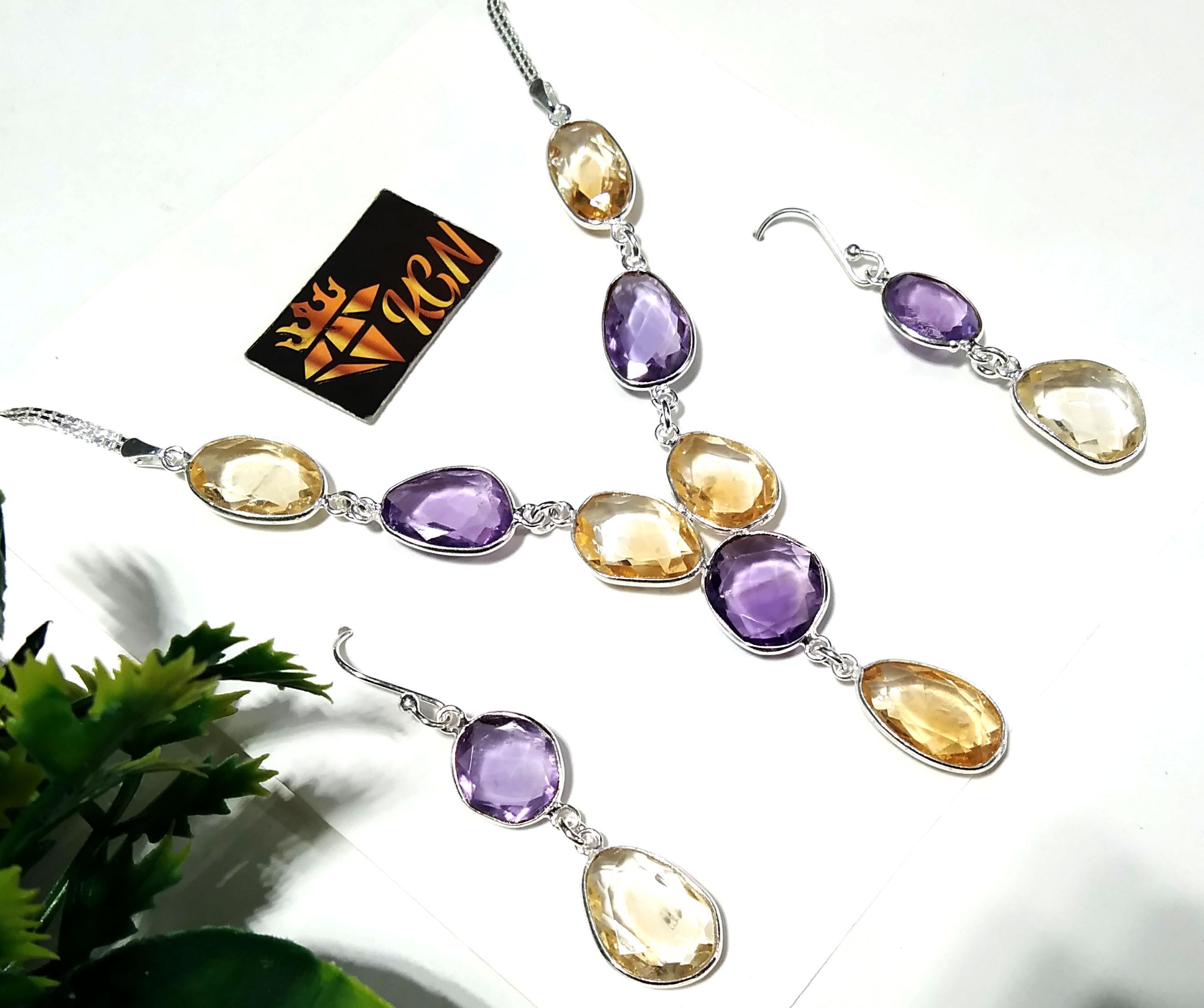 Natural Amethyst/Citrine Necklace Earring Jewelry Set, 925 Solid Sterling Silver Chain Necklace Earring Jewelry Gift For Girls & Women