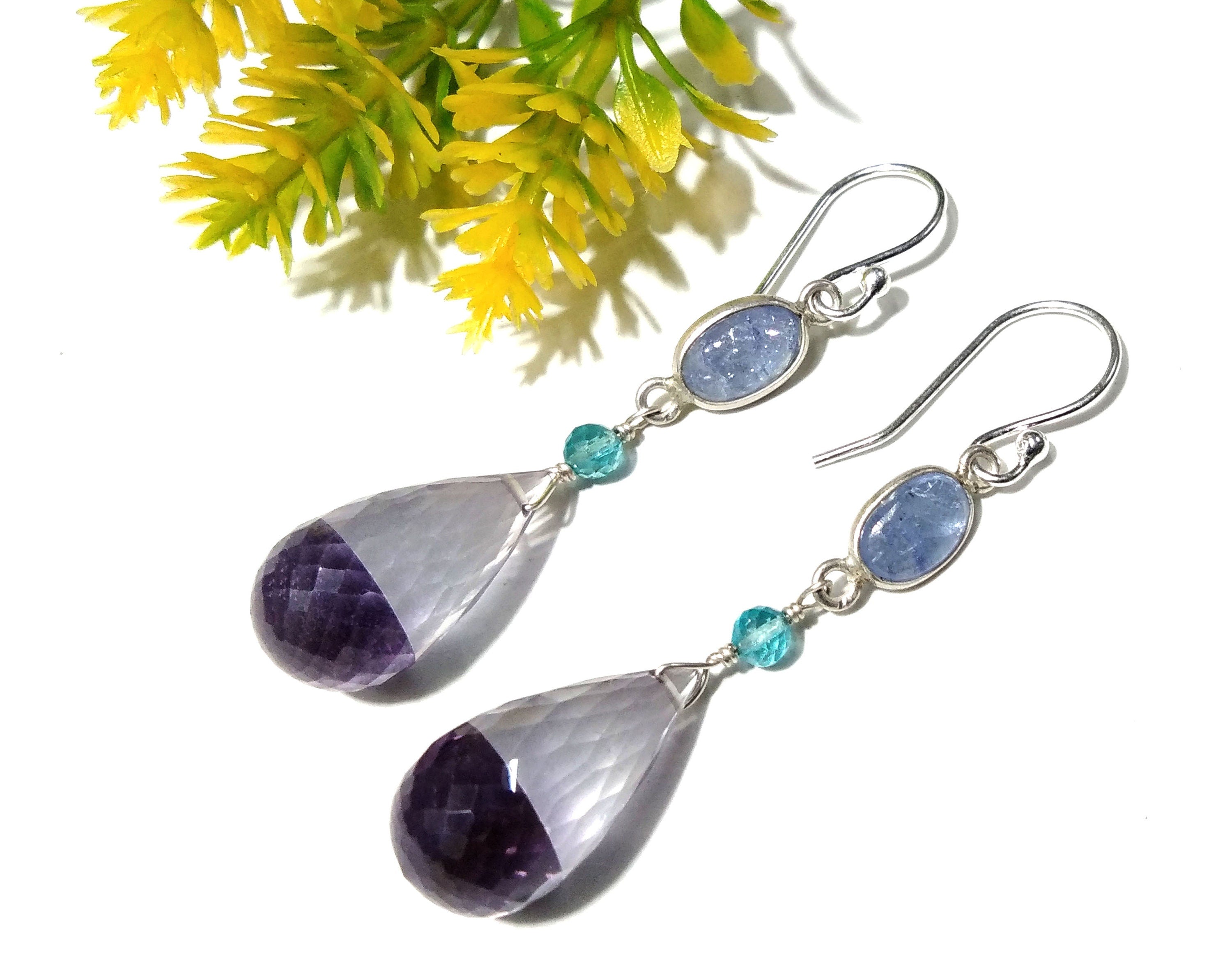 Natural Doublet Gemstone Amethyst & Tanzanite Multi Stone Earring, With 925 Sterling Silver Earring Jewelry, For Girls/Women.