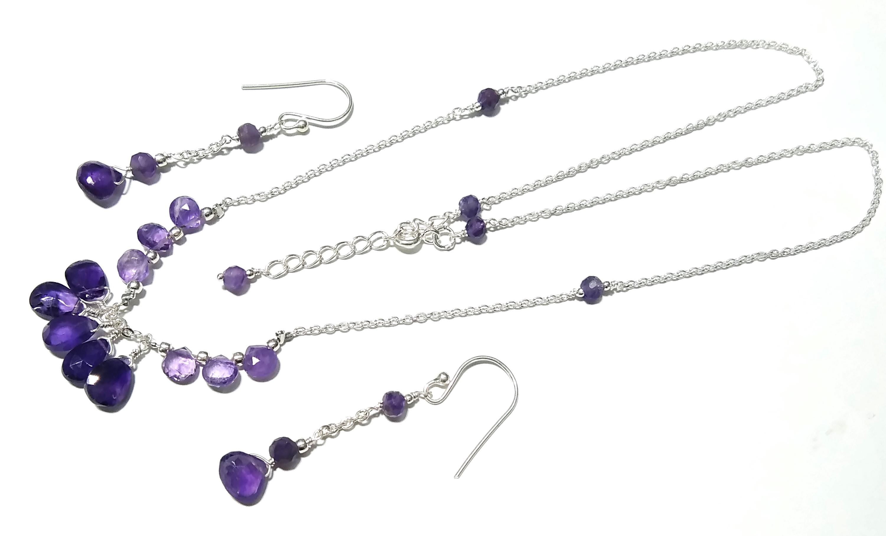 Natural Amethyst Gemstone Earrings And Necklace Jewellery Set, 925 Solid Sterling Silver Necklace, Beautiful Amethyst Stone Gift For Her