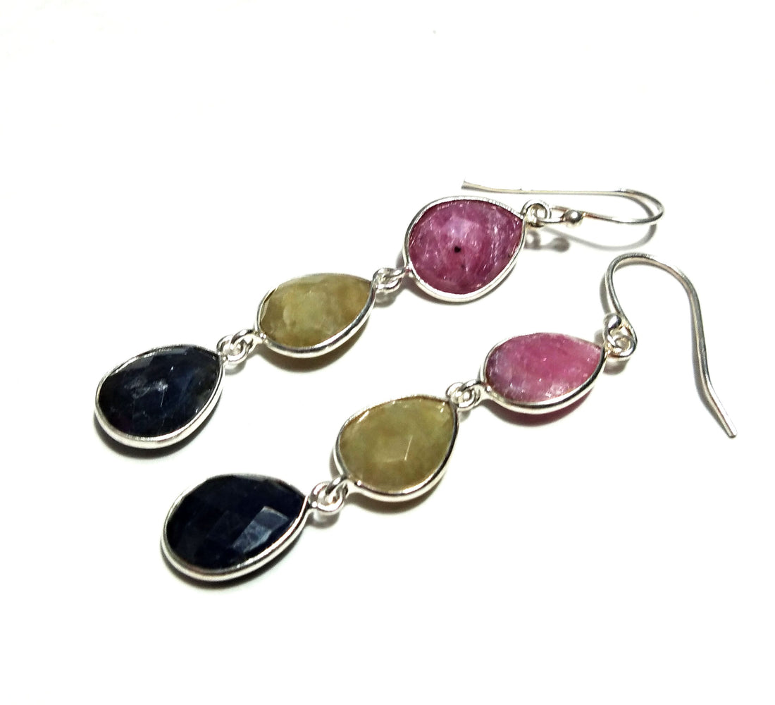 Natural Multi Sapphire Earrings Gemstone, 925 Solid Starling Silver Earring, Pear Shape Stone Size 11x9 mm For Gift Wedding Earring Birthday