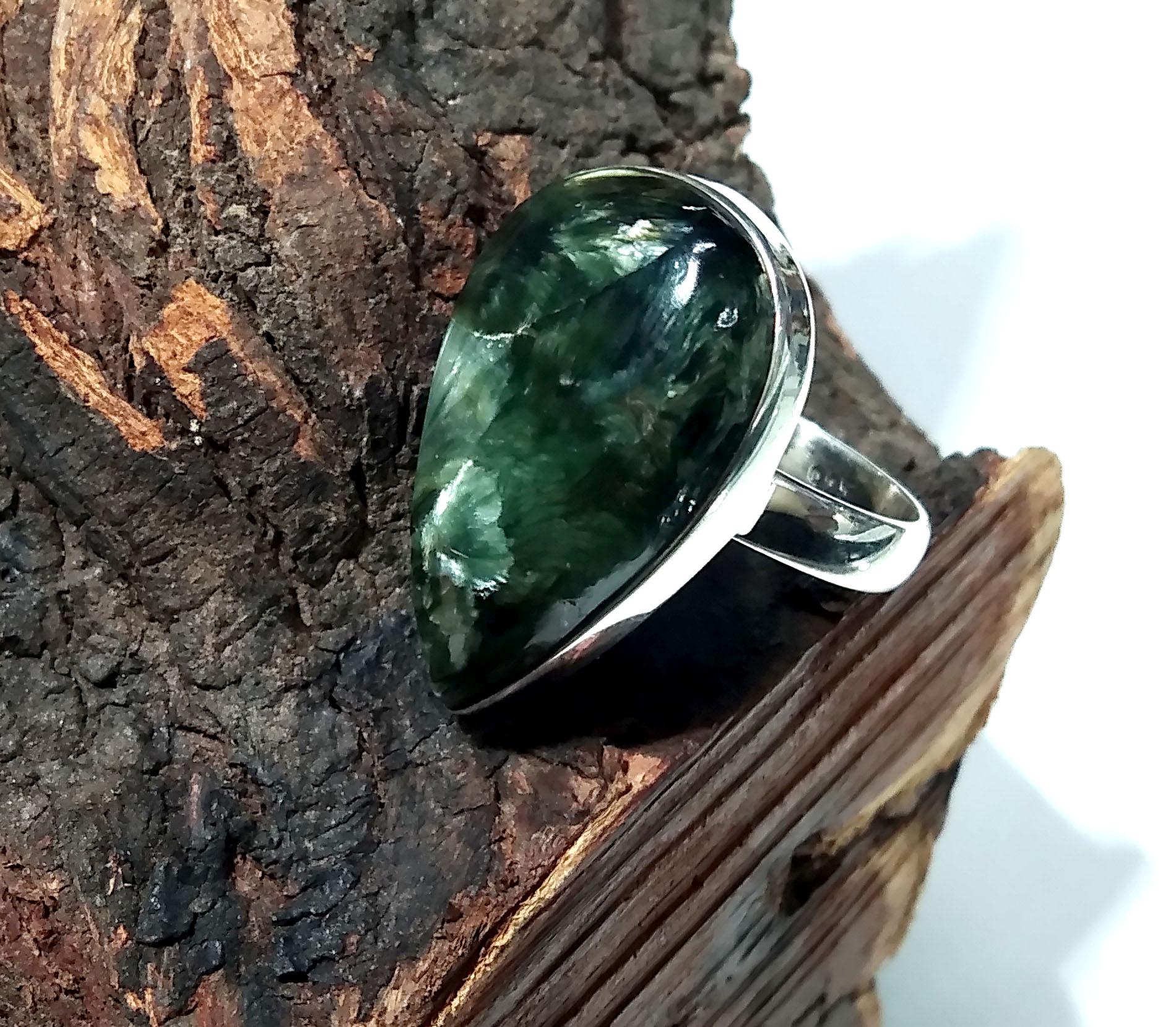 Natural Green Seraphinite Gemstone Ring, 925 Starling Silver Ring, A+++ Seraphinite Stone Size 26x16 mm Silver Handmade Ring, Gift Birthday
