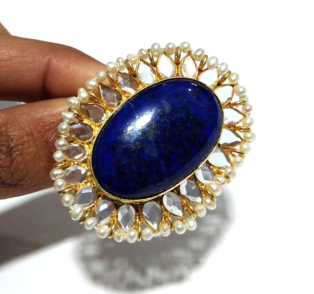 Lapis Lazuli, Fresh Water Baroque Pearl, Zircon Stone Ring, 925 Solid Starling Silver Gold Plated Ring, Stone Size 29x23mm Handmade Ring