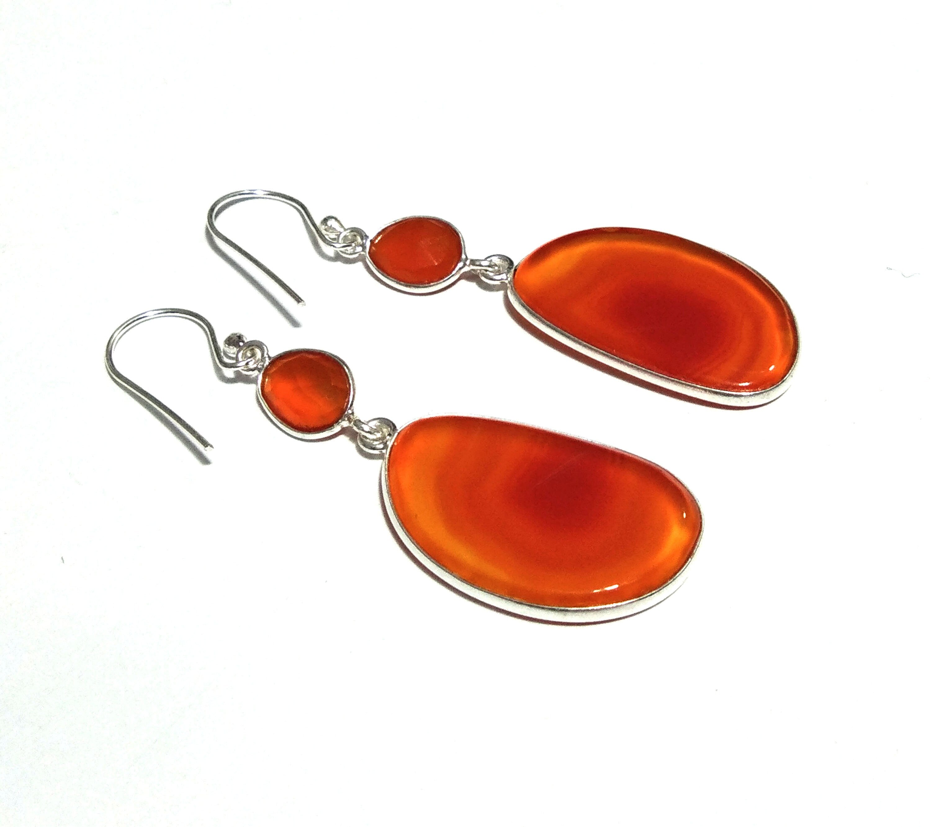Natural Orange Banded Agate/Carnelian Gemstone Earring, 925 Solid Starling Silver Earring, Stone Size 27x16 mm Gift Women Earring Jewelry