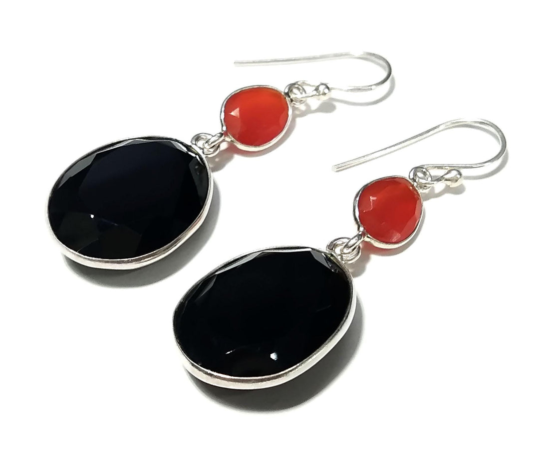 Natural Black Onyx/Carnelian Faceted Stone Earring, 925 Solid Starling Silver Earring, Beautiful Black Onyx Stone Size 19x15 mm Gift Earring
