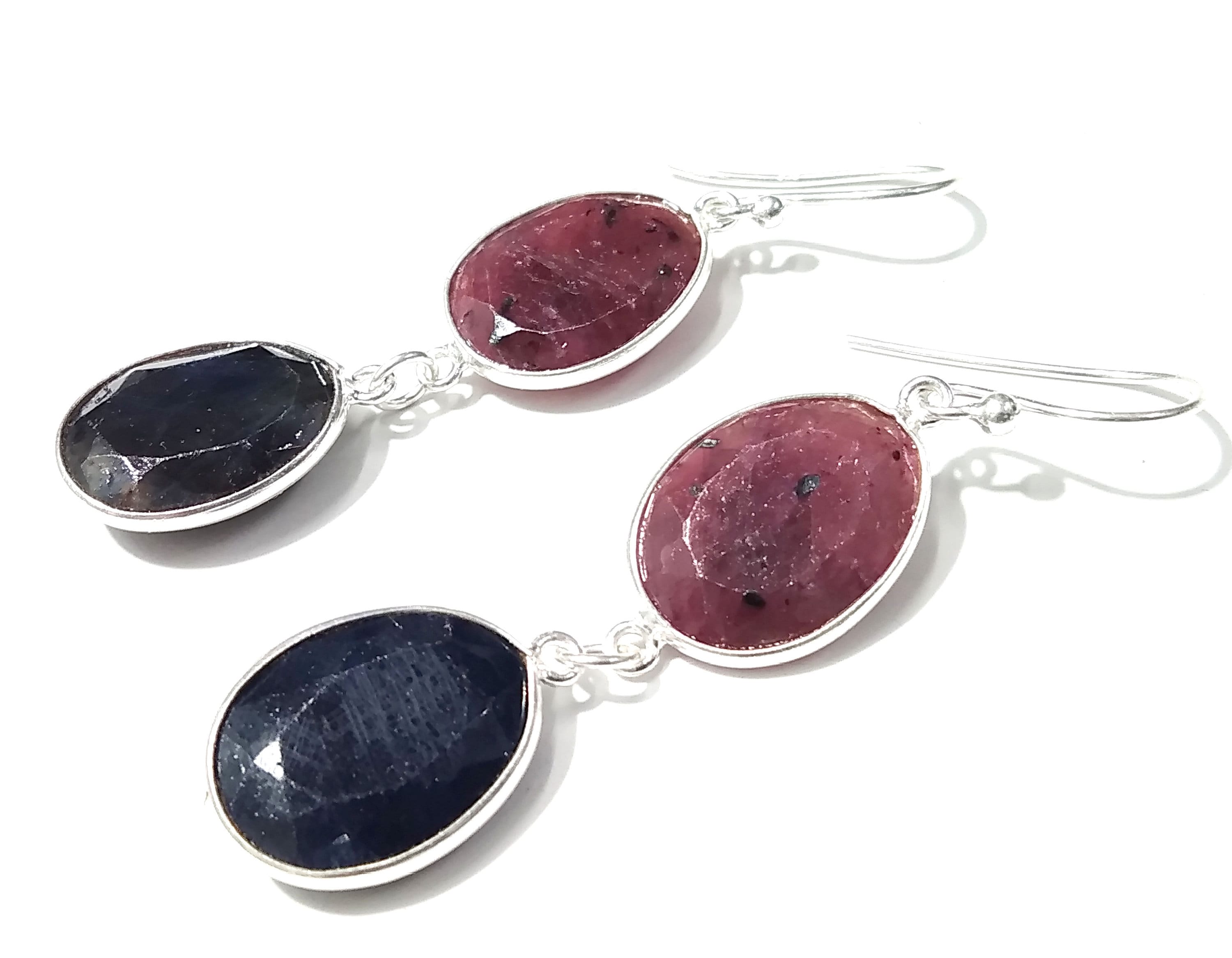 Natural Red Ruby/Blue Sapphire Gemstone Earring, 925 Solid Starling Silver Earring Gemstone, Gift For Wedding Earring, Birthstone Earring
