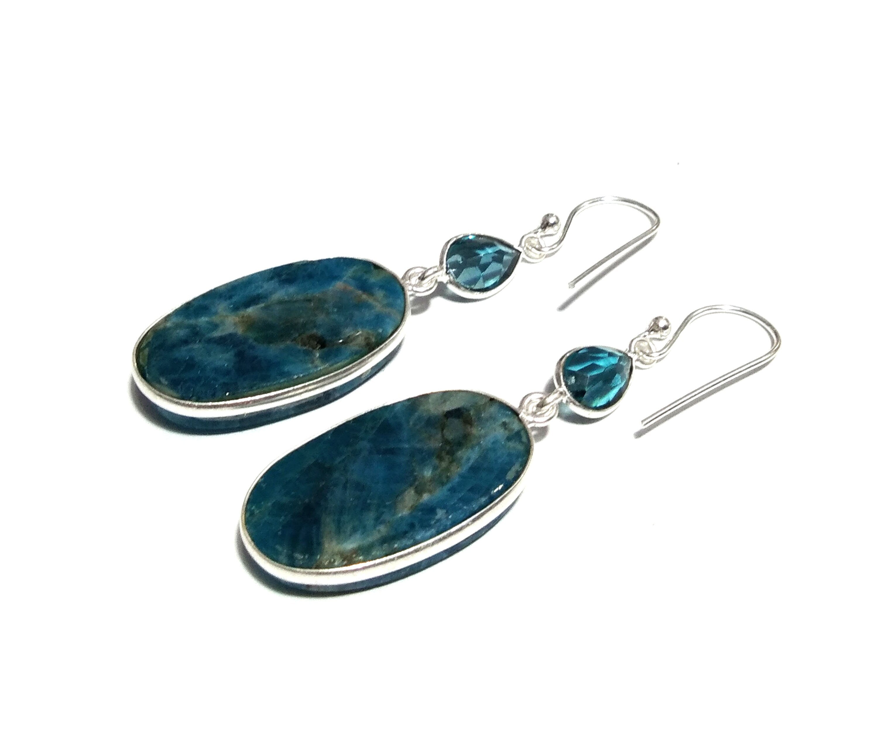 Natural Apatite, Blue Topaz Earring Stone, 925 Solid Starling Silver Earring, Blue Apatite Stone Size 26x15 mm Bridesmaids Gift Earring