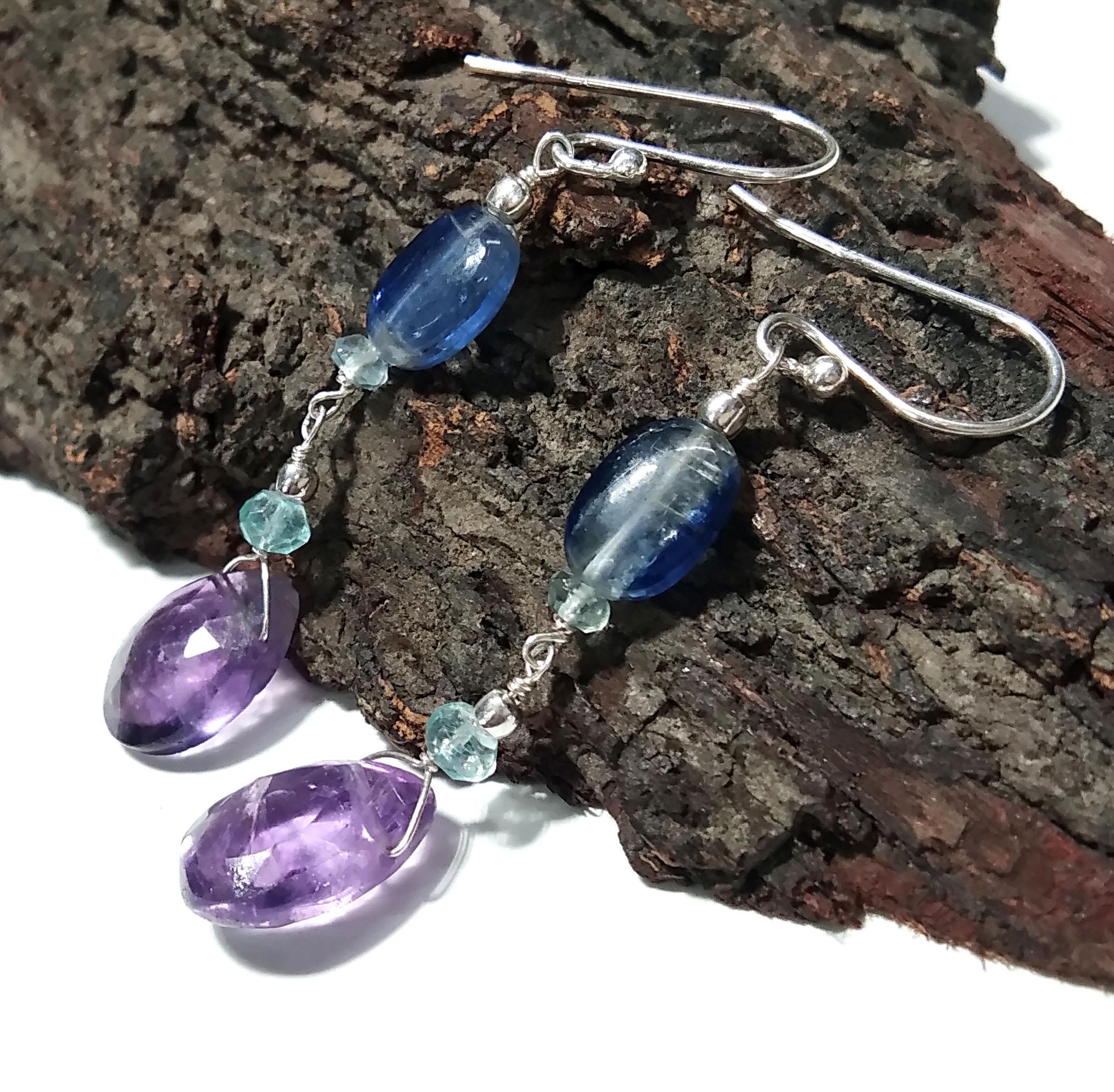 Natural Kyanite/Amethyst Earrings, 925 Solid Starling Silver Earring, Amethyst Stone Handmade Earring, Gift Women Bridesmaid Earring Stone