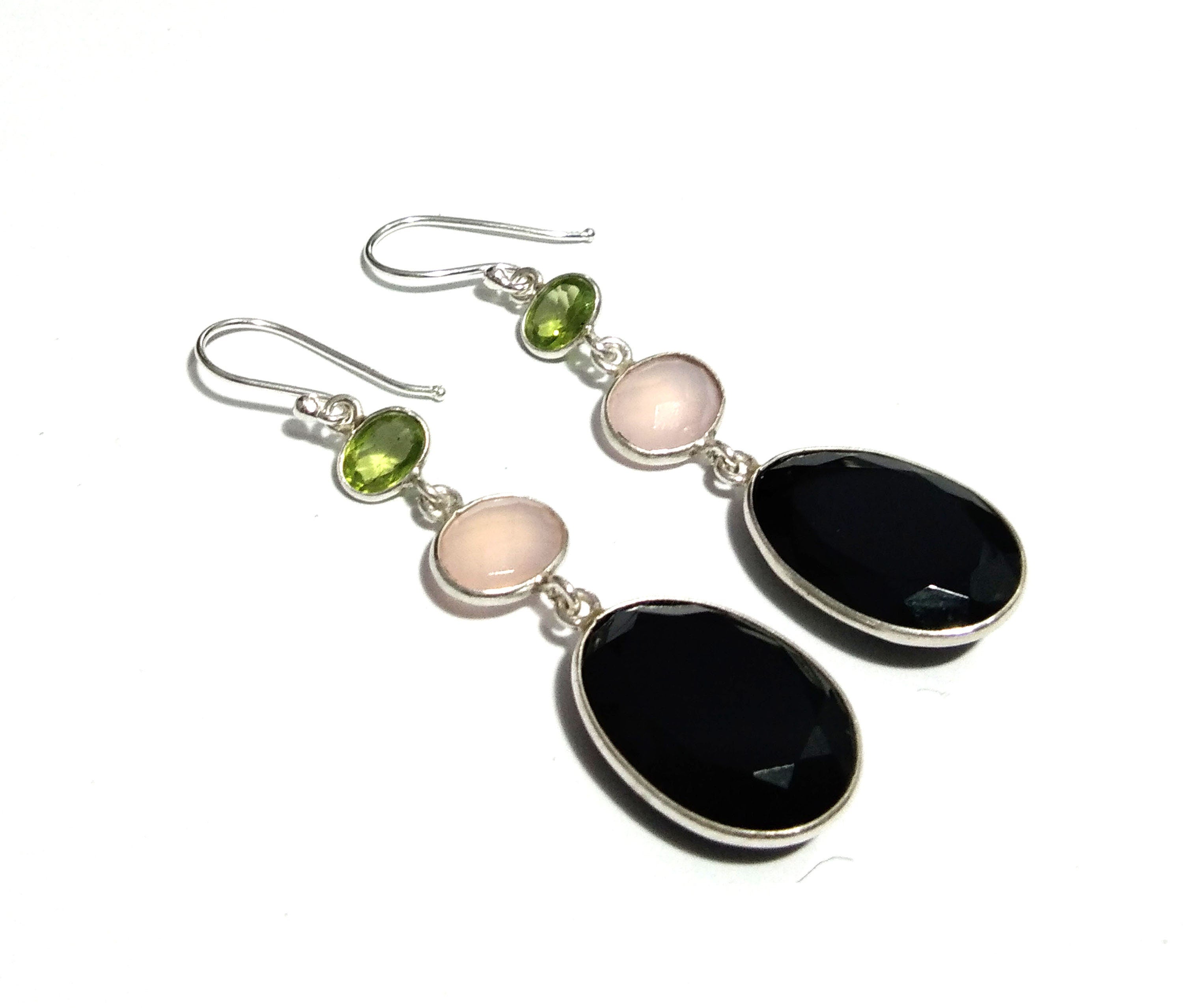 Natural Black Onyx/Peridot/Rose Quartz Stone Earring, 925 Solid Starling Silver Earring, Onyx/Rose Quartz Gemstone Gift Birthday Earring